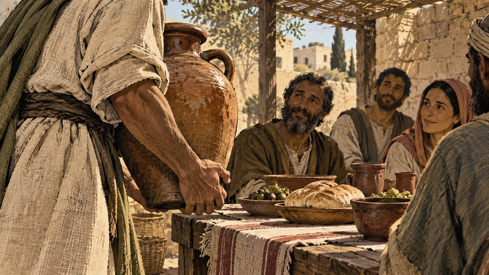 An anonymous adult carries a large water jar toward a shared meal.