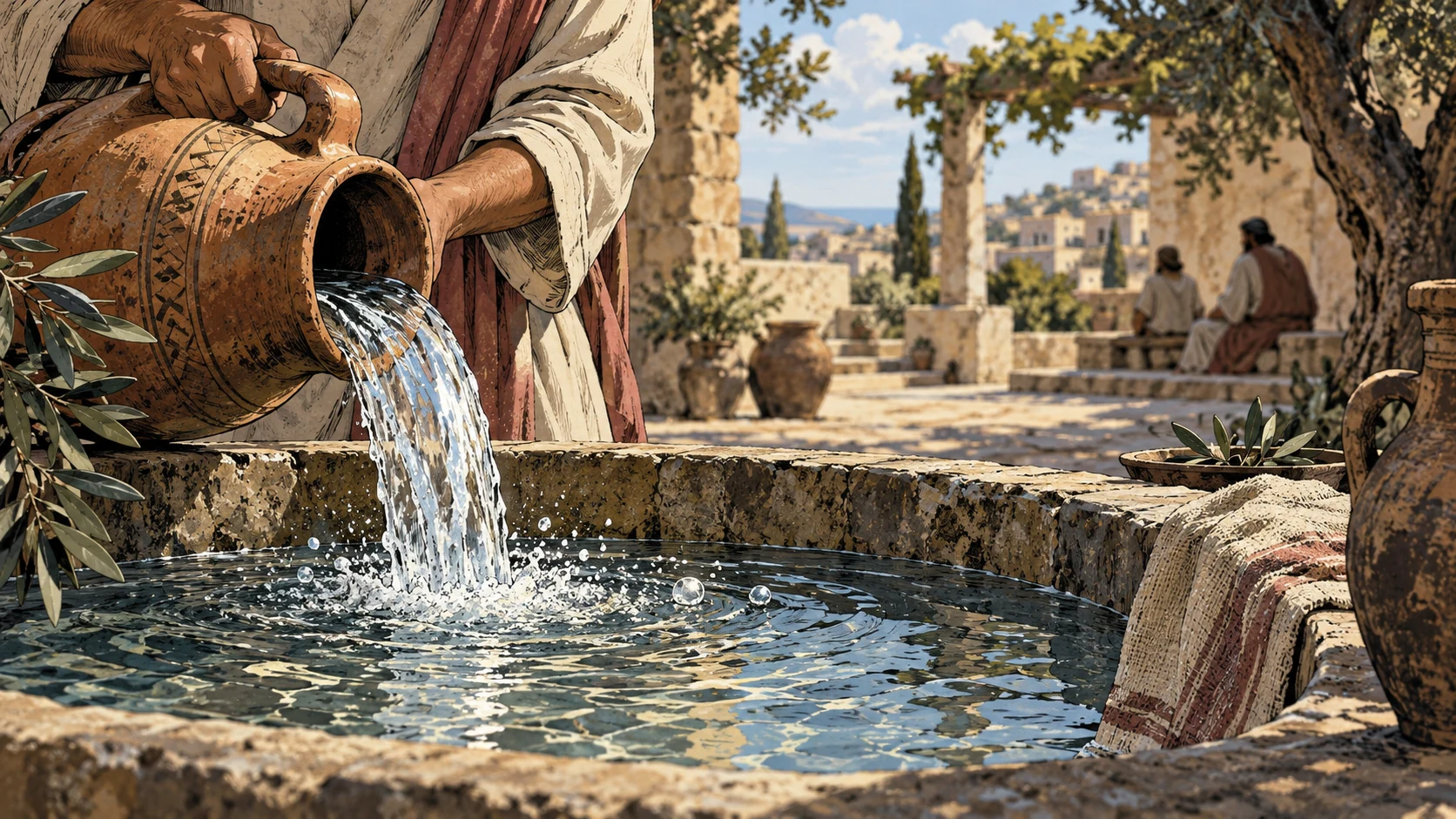 Water pours from a clay pitcher into a broad stone basin in a courtyard.