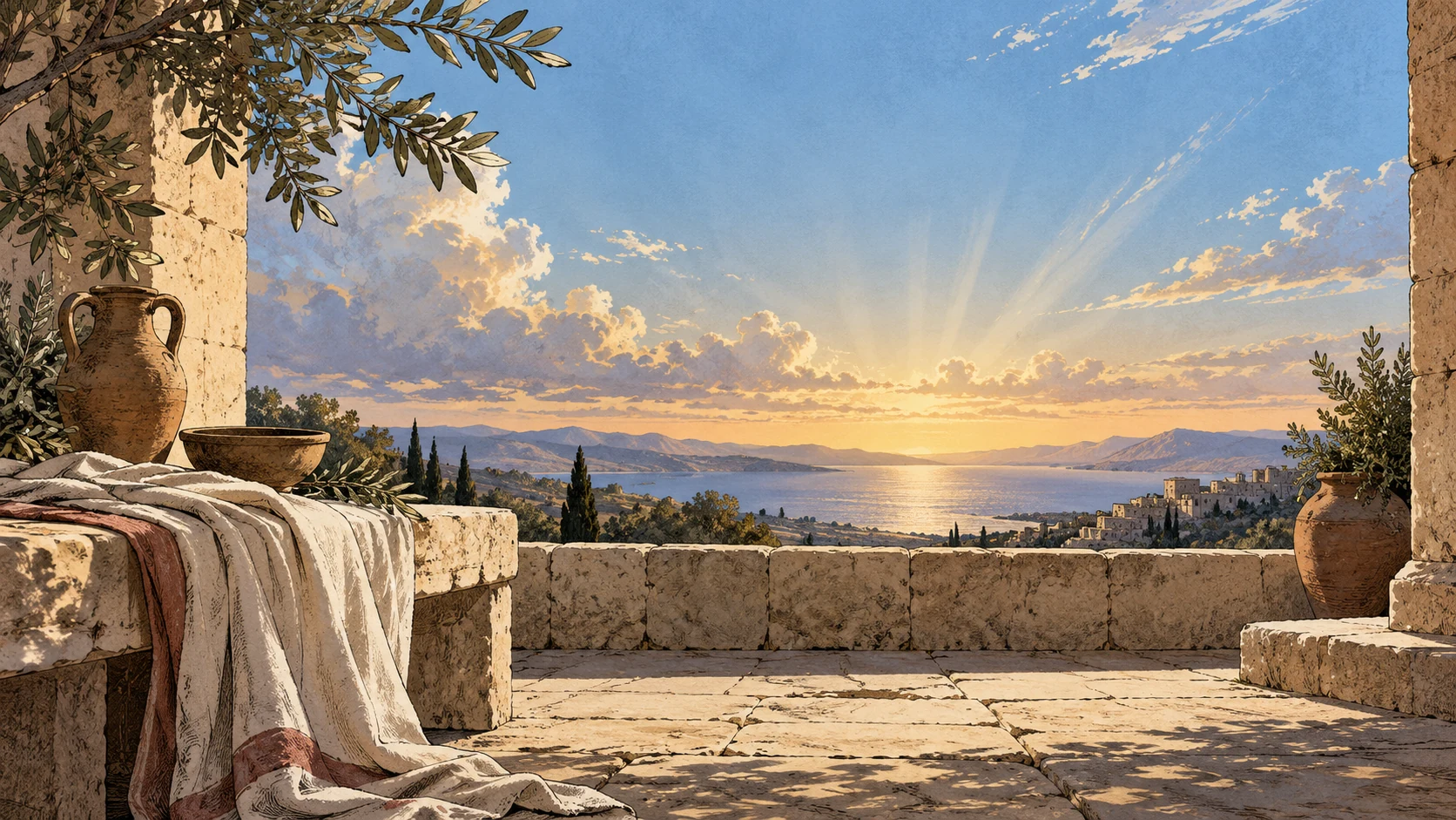 An empty terrace opens toward bright sky above a distant coastline.