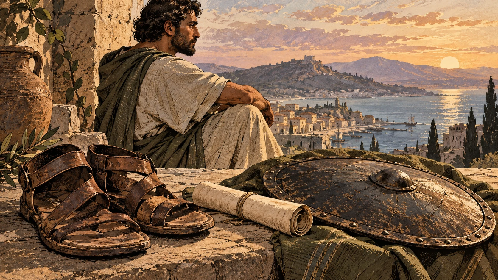 Sandals, a rolled letter, and a laid-down shield occupy a terrace near an anonymous seated adult.