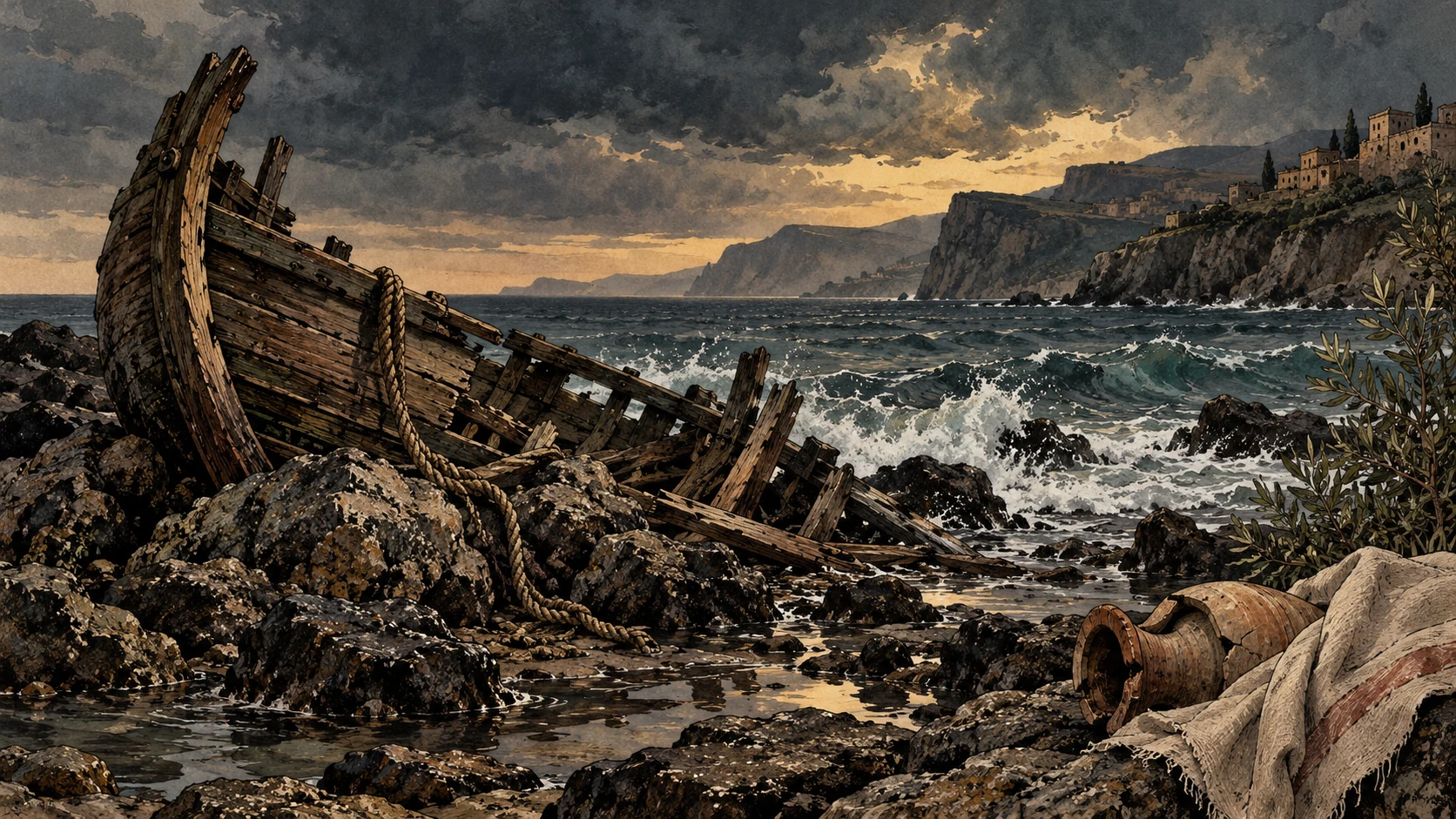 A broken wooden vessel lies among rocks beneath storm clouds beside a coastline.