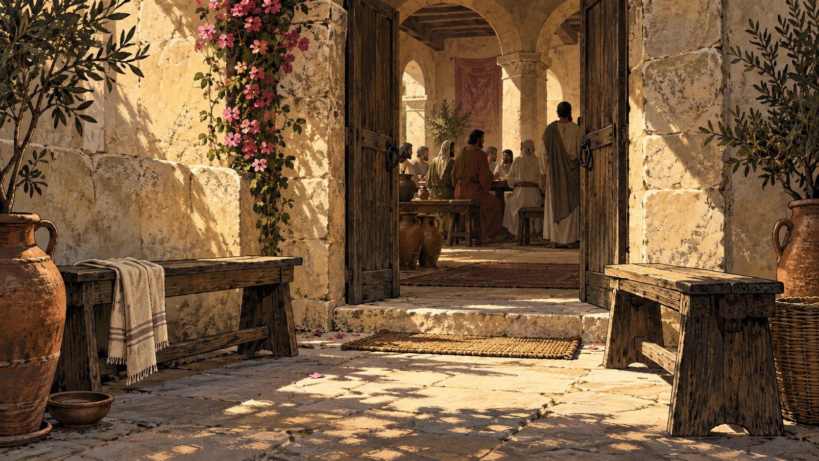 Two empty benches stand outside a doorway opening onto a gathered community.