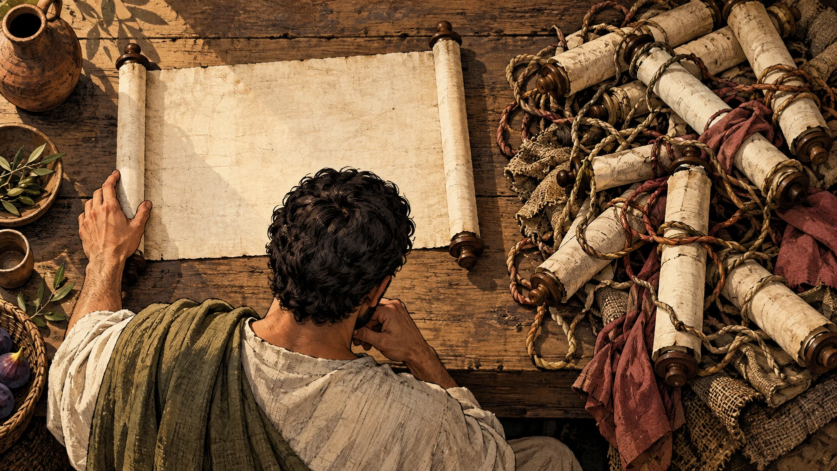 An anonymous reader studies a blank scroll beside a tangled pile of closed scrolls and cords.