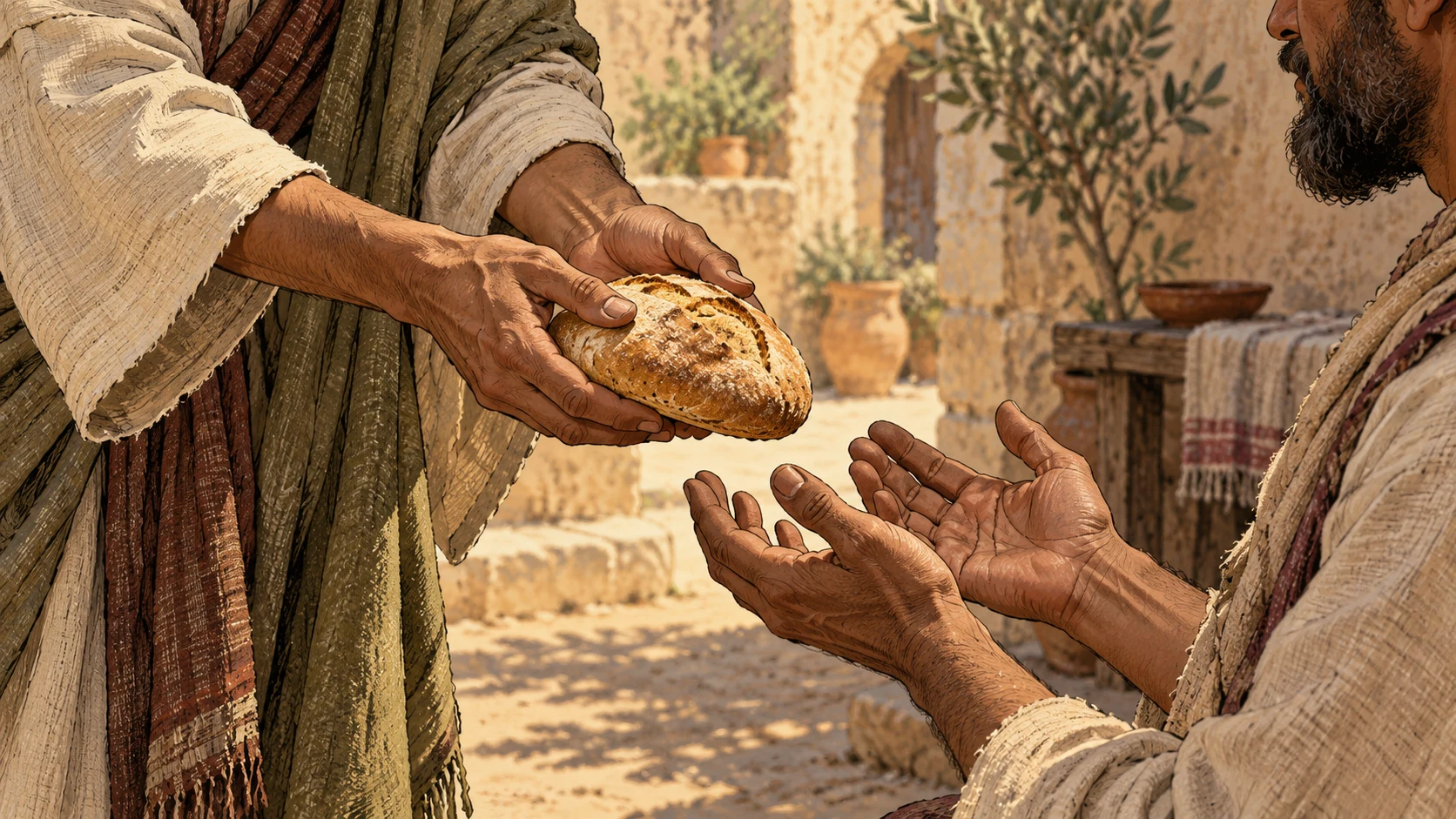 Two anonymous adults exchange a loaf with open hands in a warm courtyard.