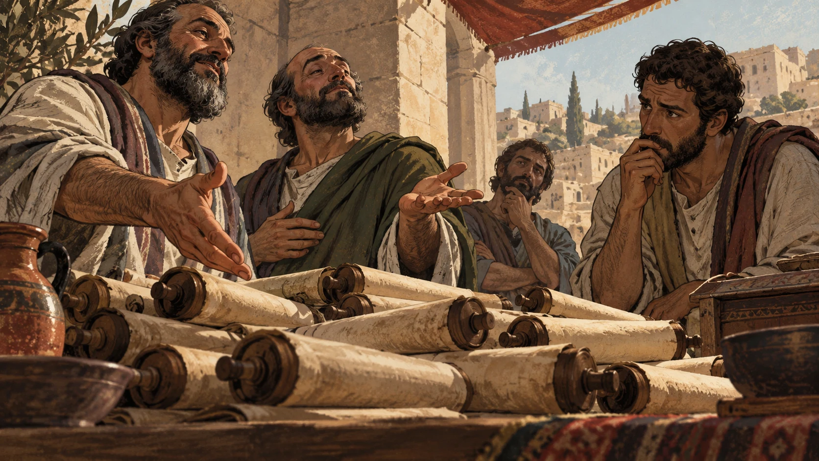 Confident anonymous speakers gesture across closed scrolls while listeners look doubtful.