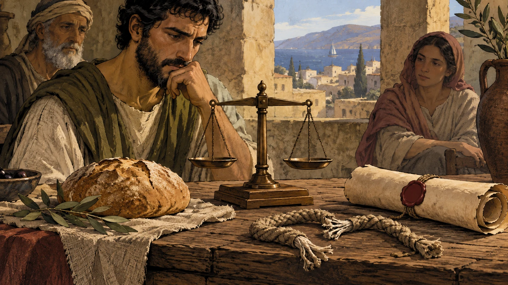 Anonymous observers sit behind a balanced scale, bread, broken cords, and a plainly sealed scroll.