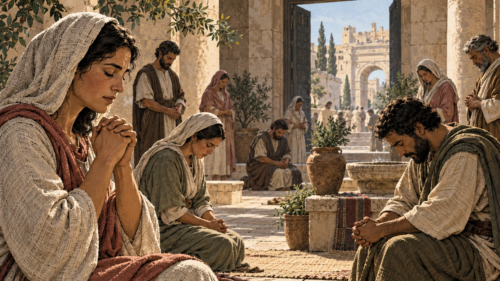 Anonymous women and men pray in a courtyard opening toward a civic arch.