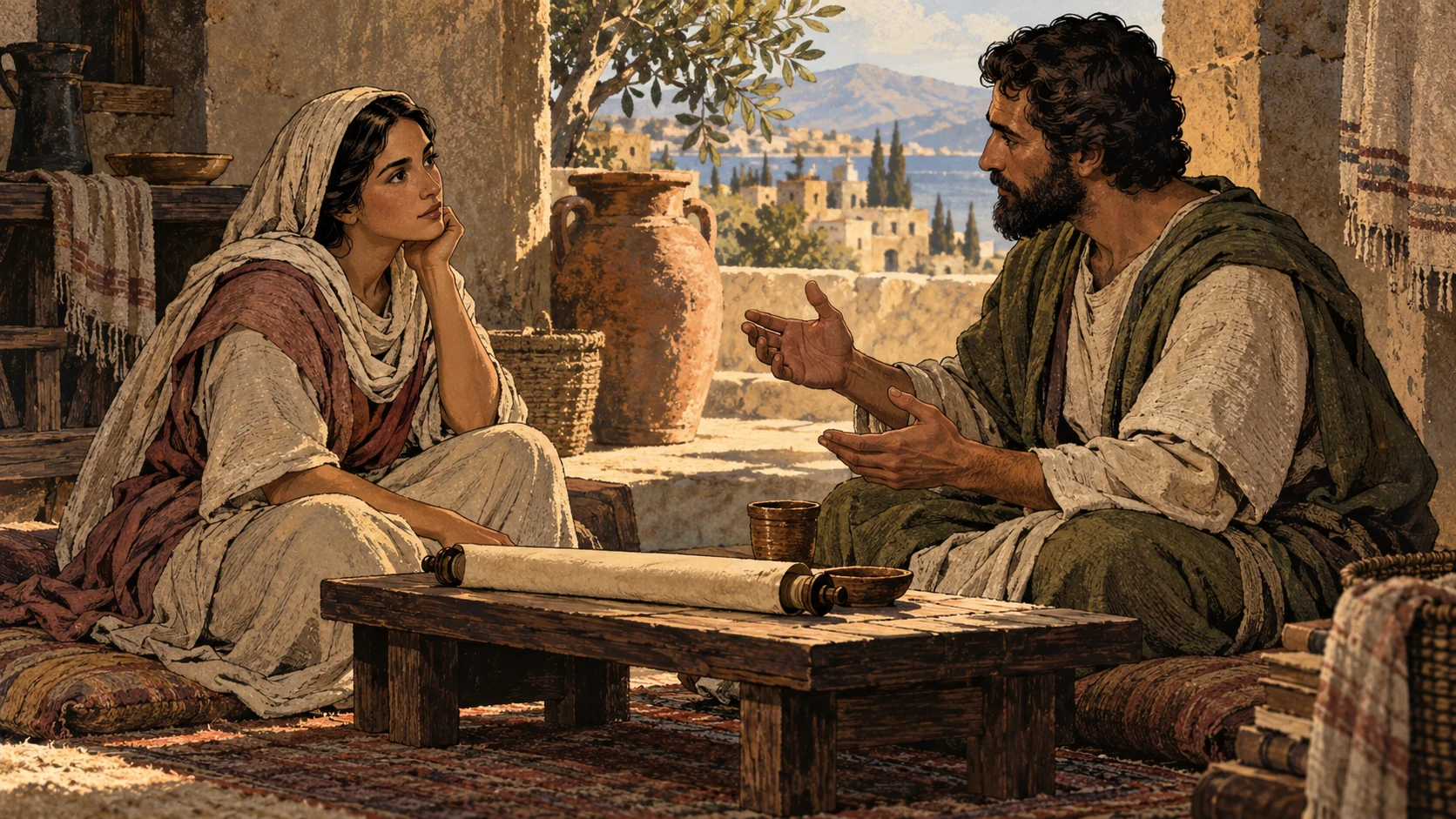 An anonymous woman listens across a low table while an anonymous man gestures near a closed scroll.