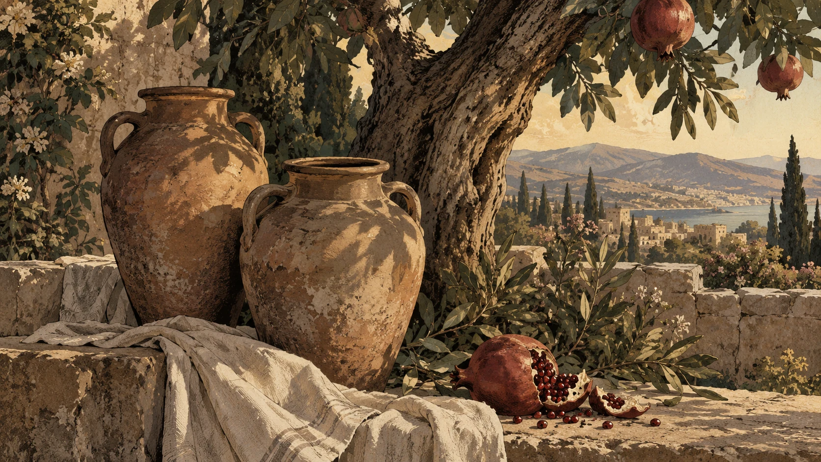 Two clay vessels stand beside a fruiting tree and fallen pomegranate.