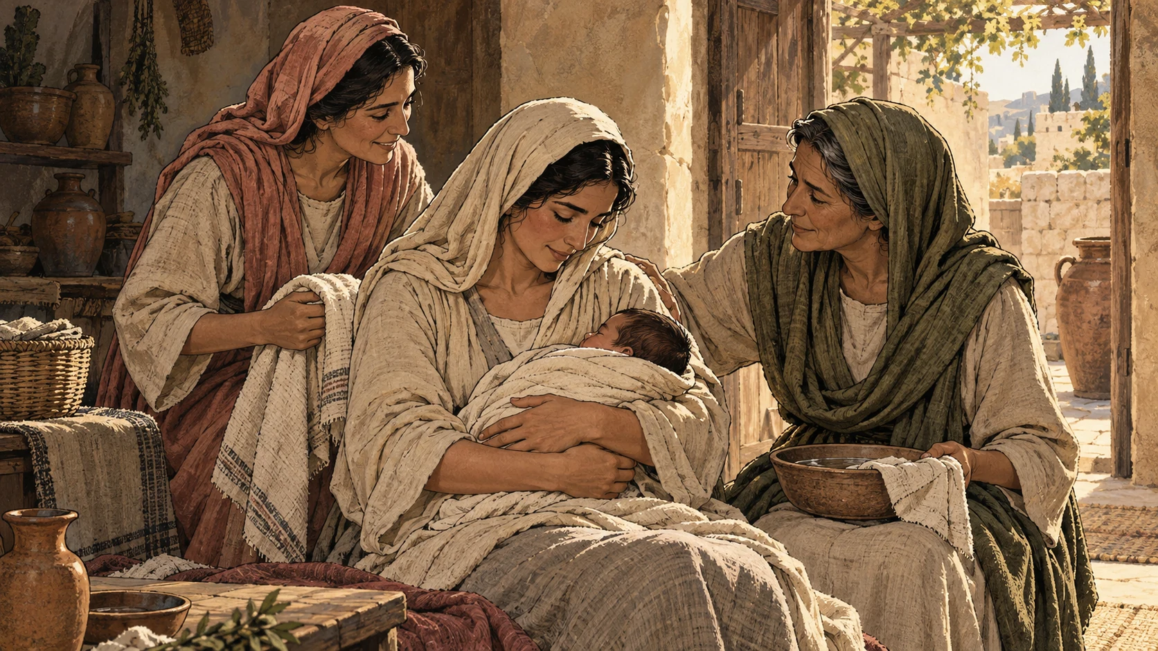 An anonymous mother holds a wrapped infant with two women offering support.