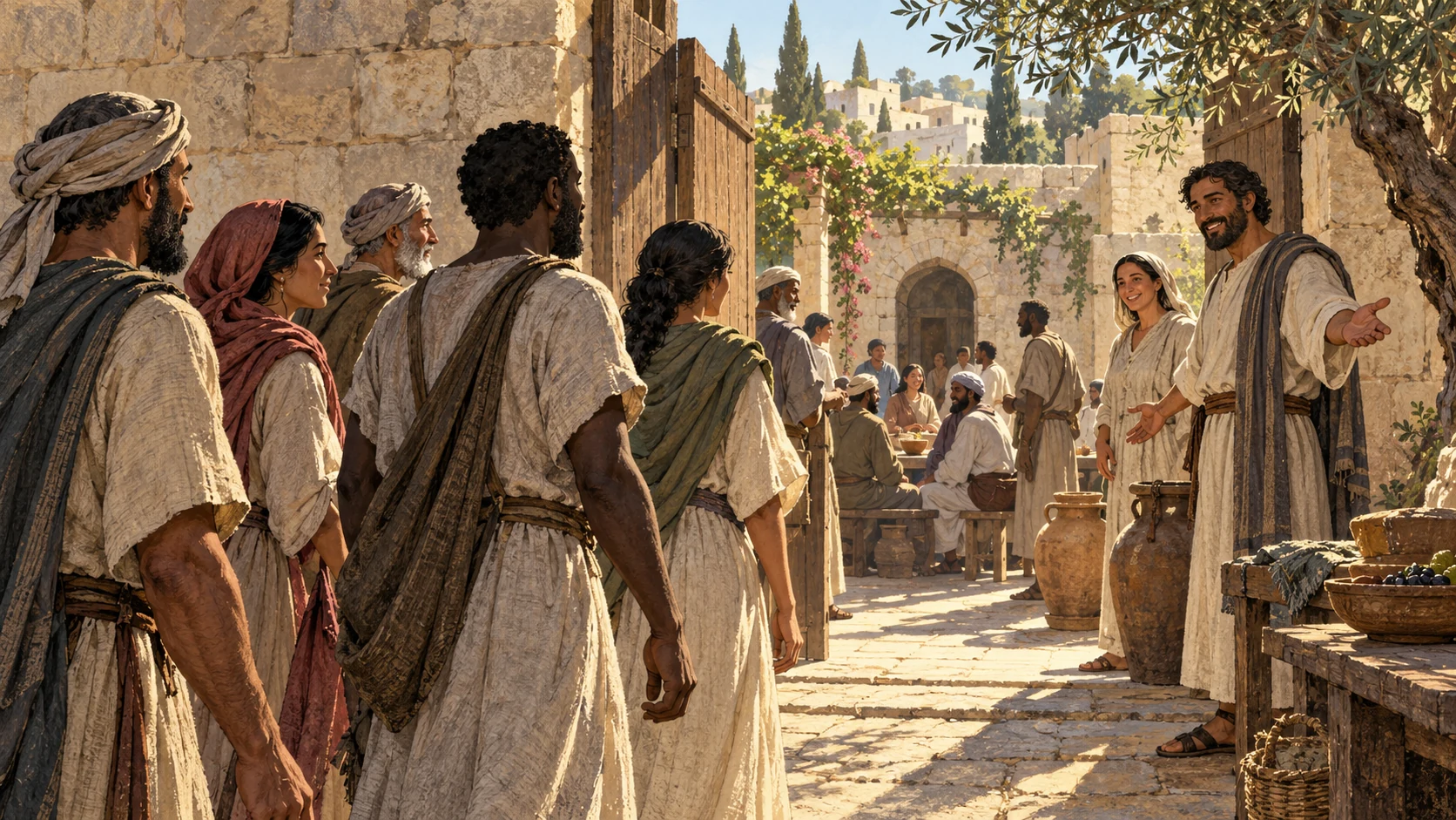 Anonymous visitors of varied appearances enter a sunlit courtyard and receive a welcome.
