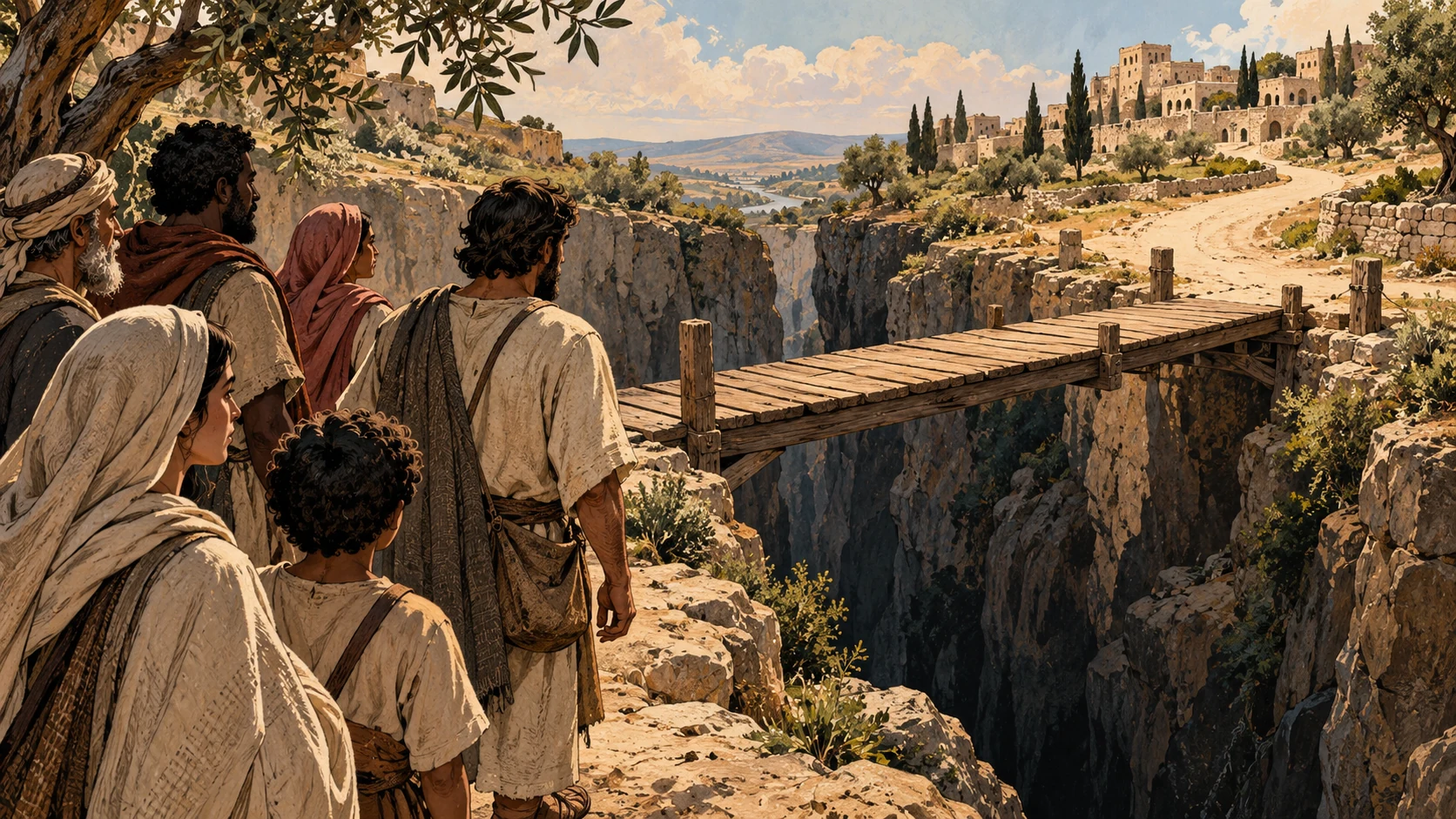 Anonymous travelers face a wooden bridge spanning a ravine.