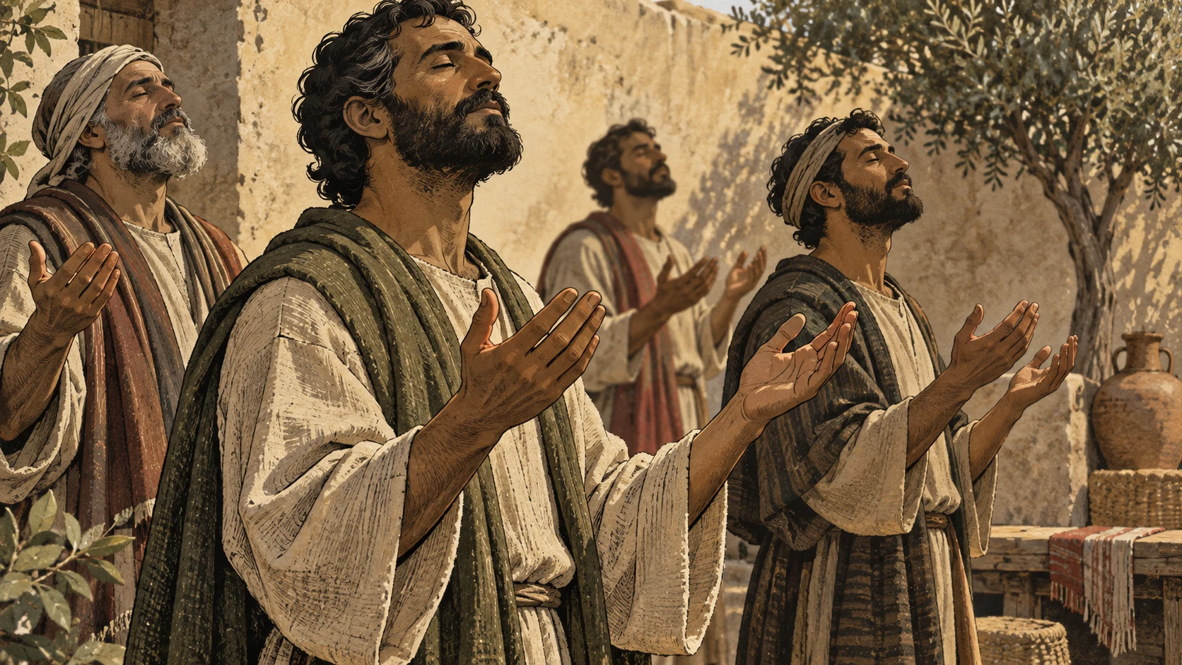 Anonymous men lift open hands in peaceful prayer.