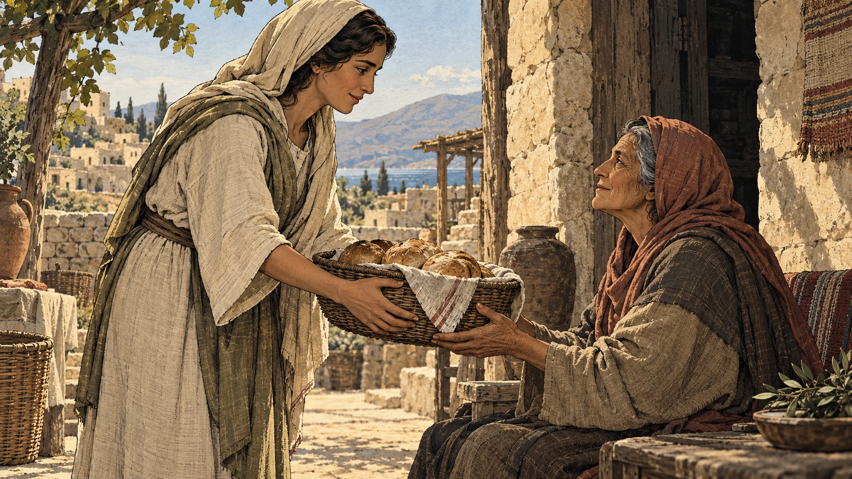 An anonymous woman in plain linen offers bread to an older woman.