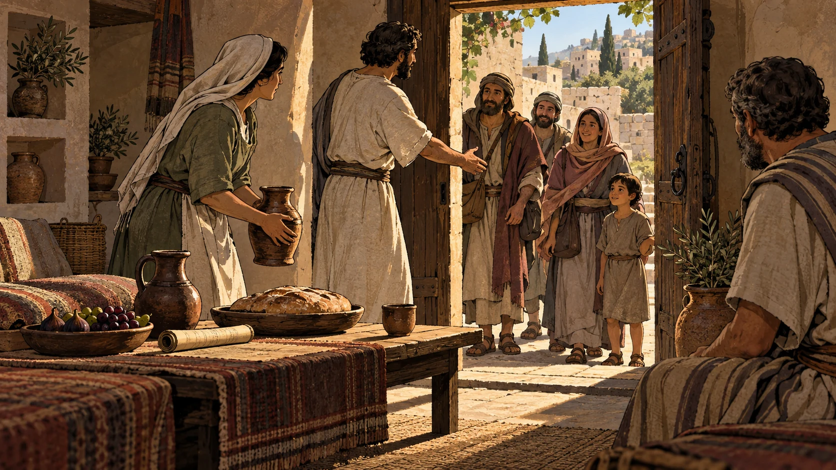An anonymous household welcomes visitors through an open doorway beside food and a scroll.