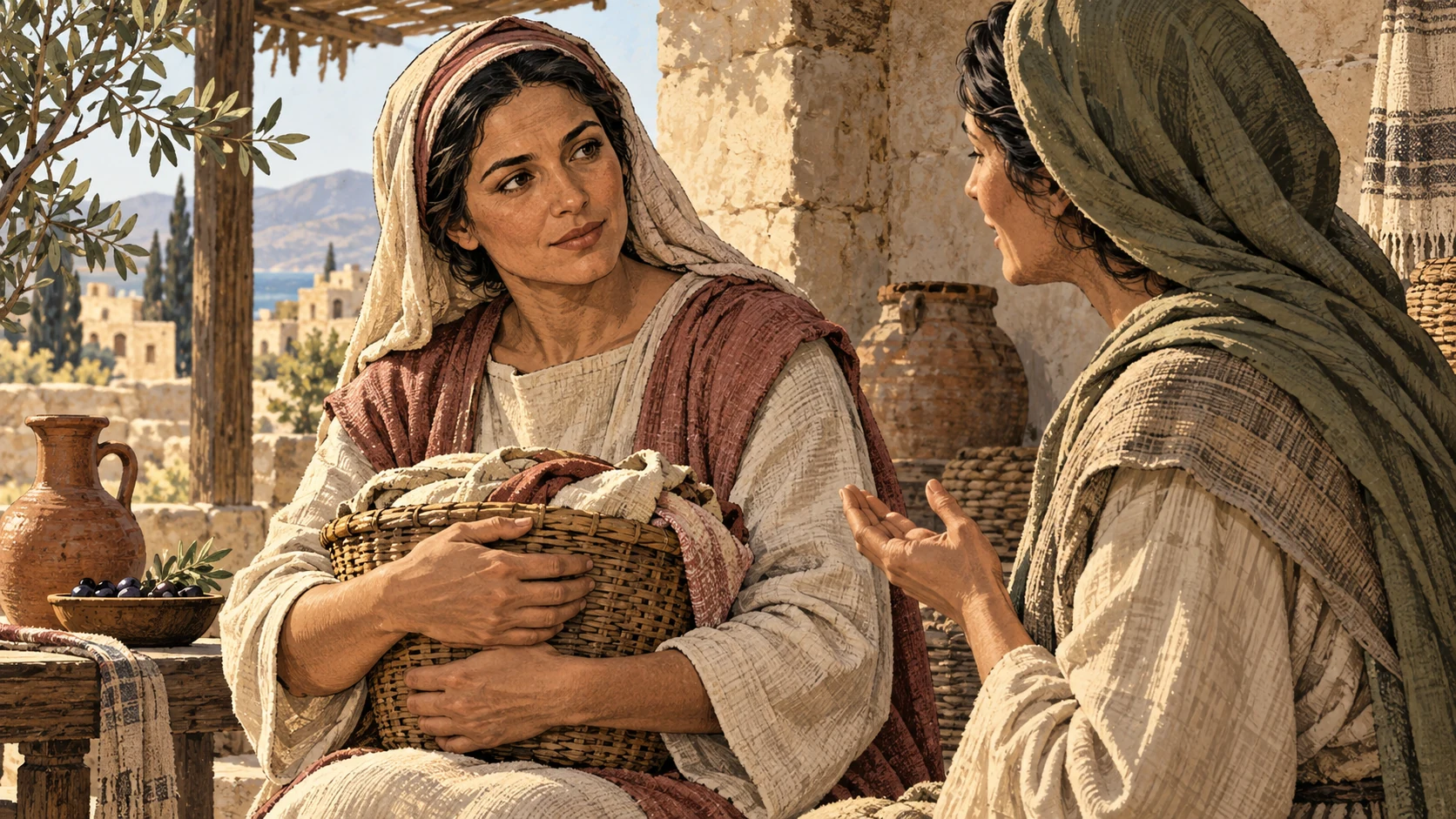 An anonymous woman safeguards a basket while calmly listening to another woman.