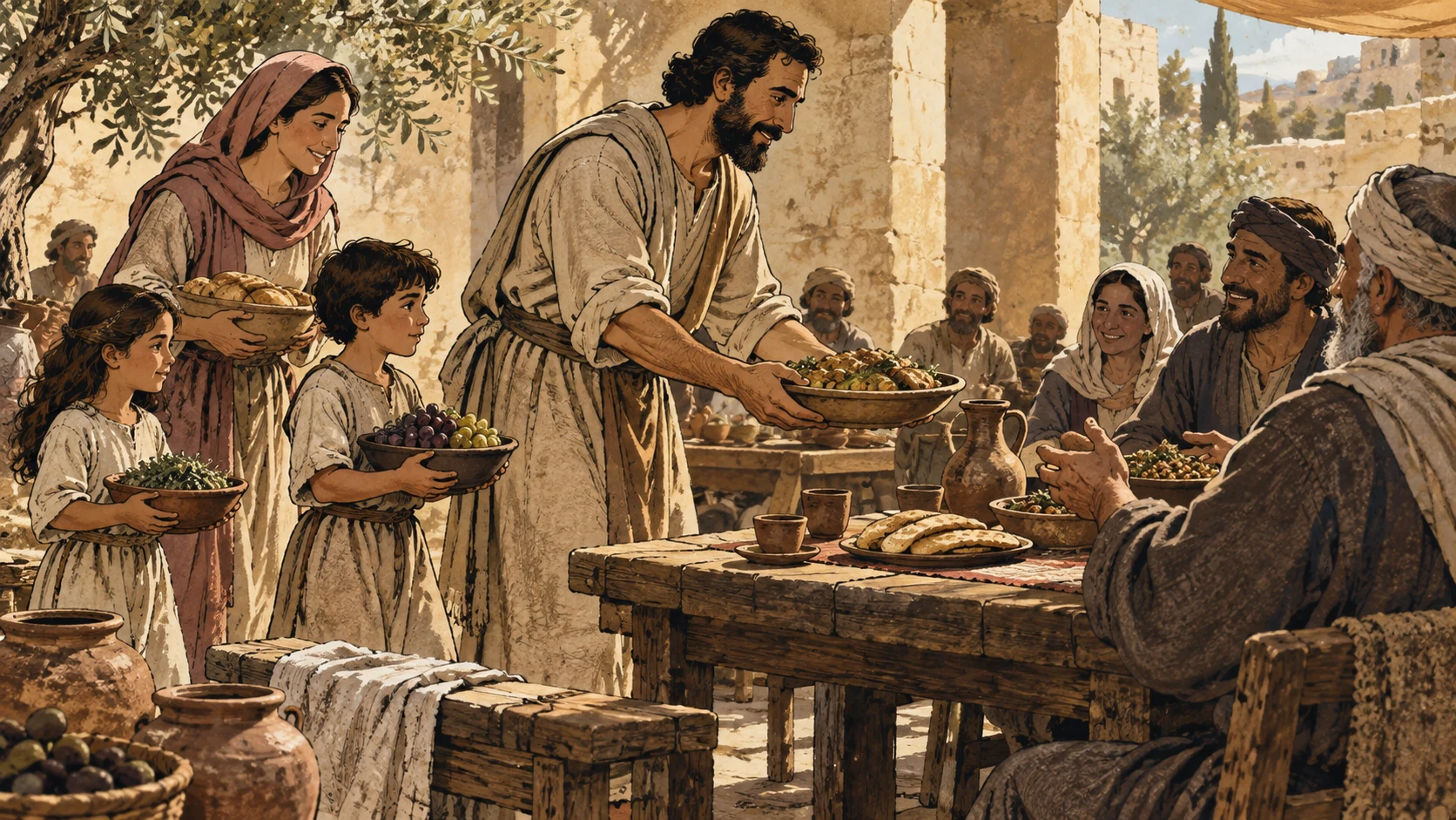 An anonymous family brings bowls of food to a communal table.