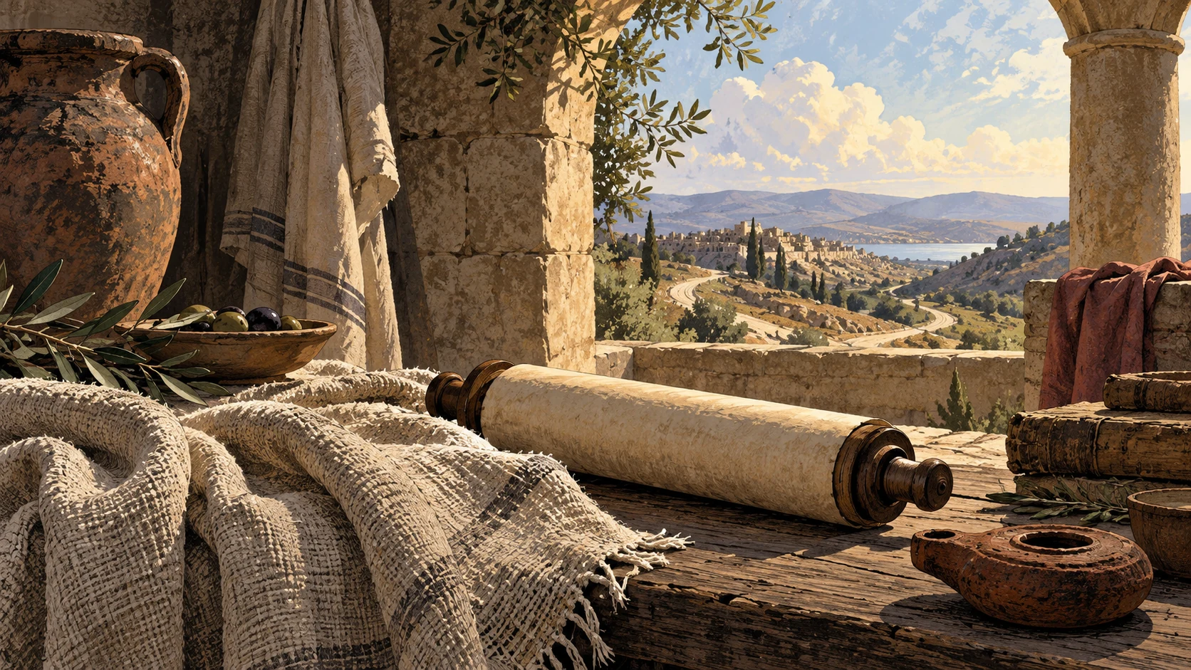 Linen and an unmarked scroll lie beside an arch framing distant roads and sky.