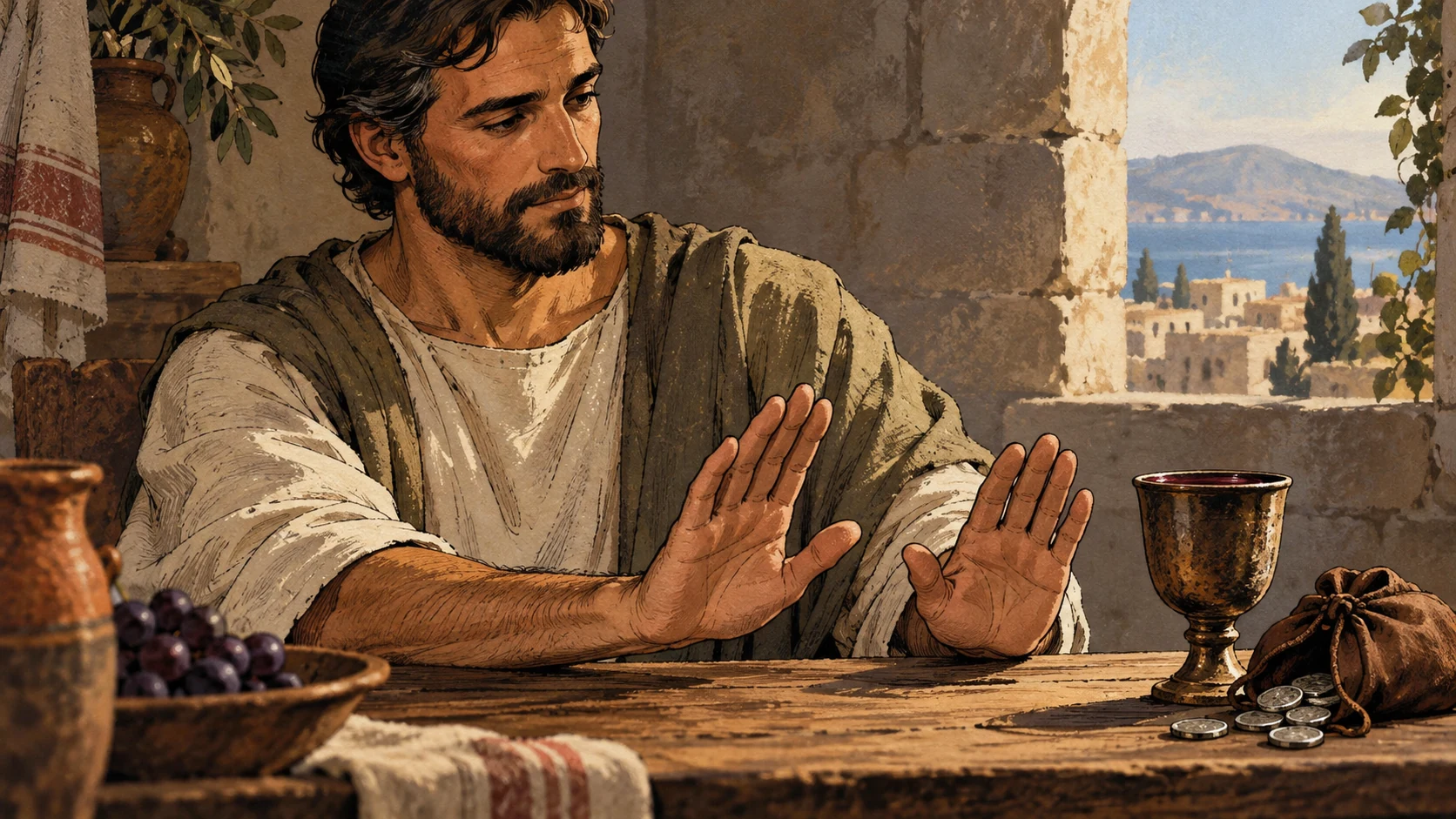An anonymous man holds open hands away from a wine cup and coins.