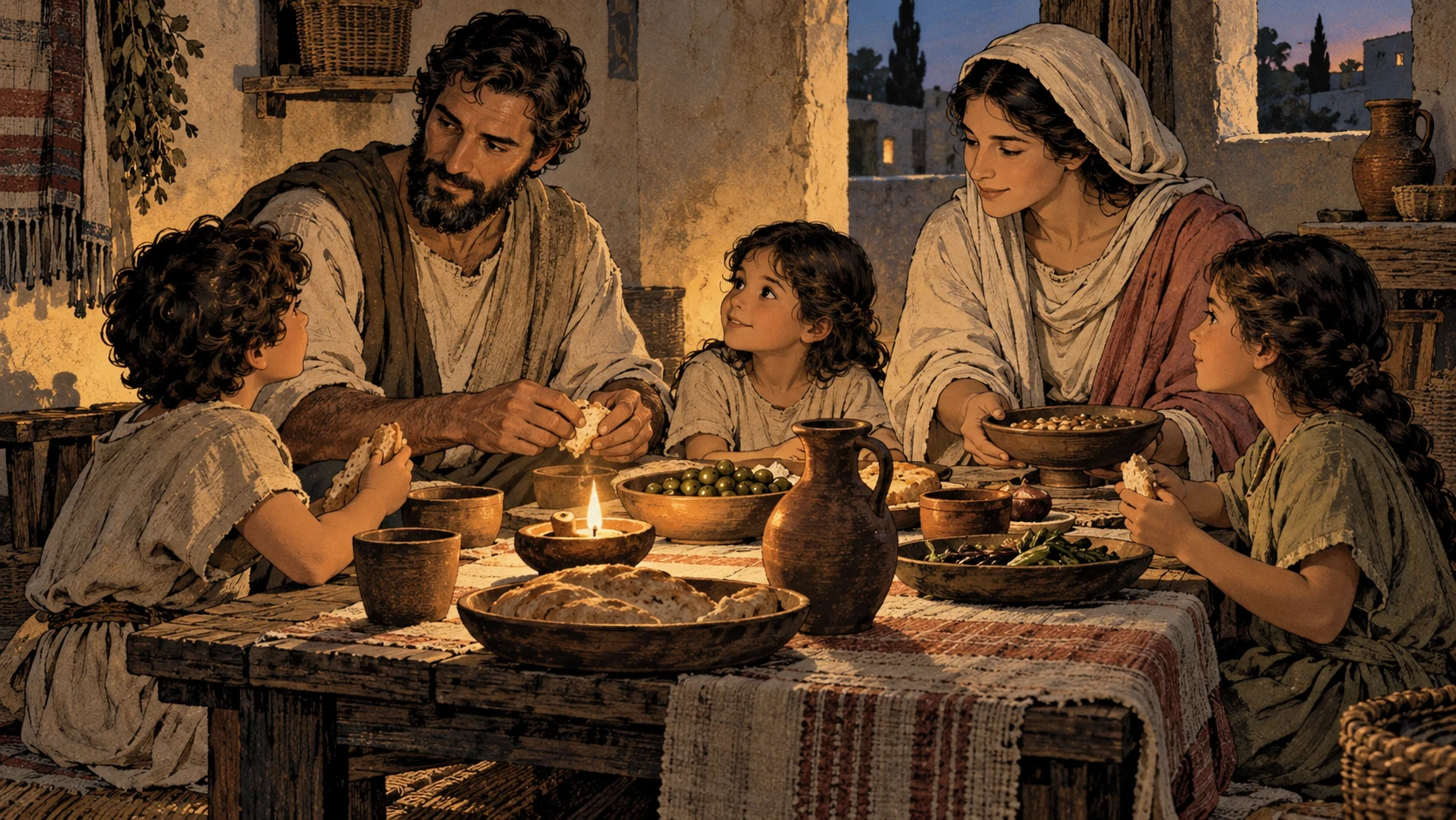 Anonymous parents and children share a simple meal in a modest room.