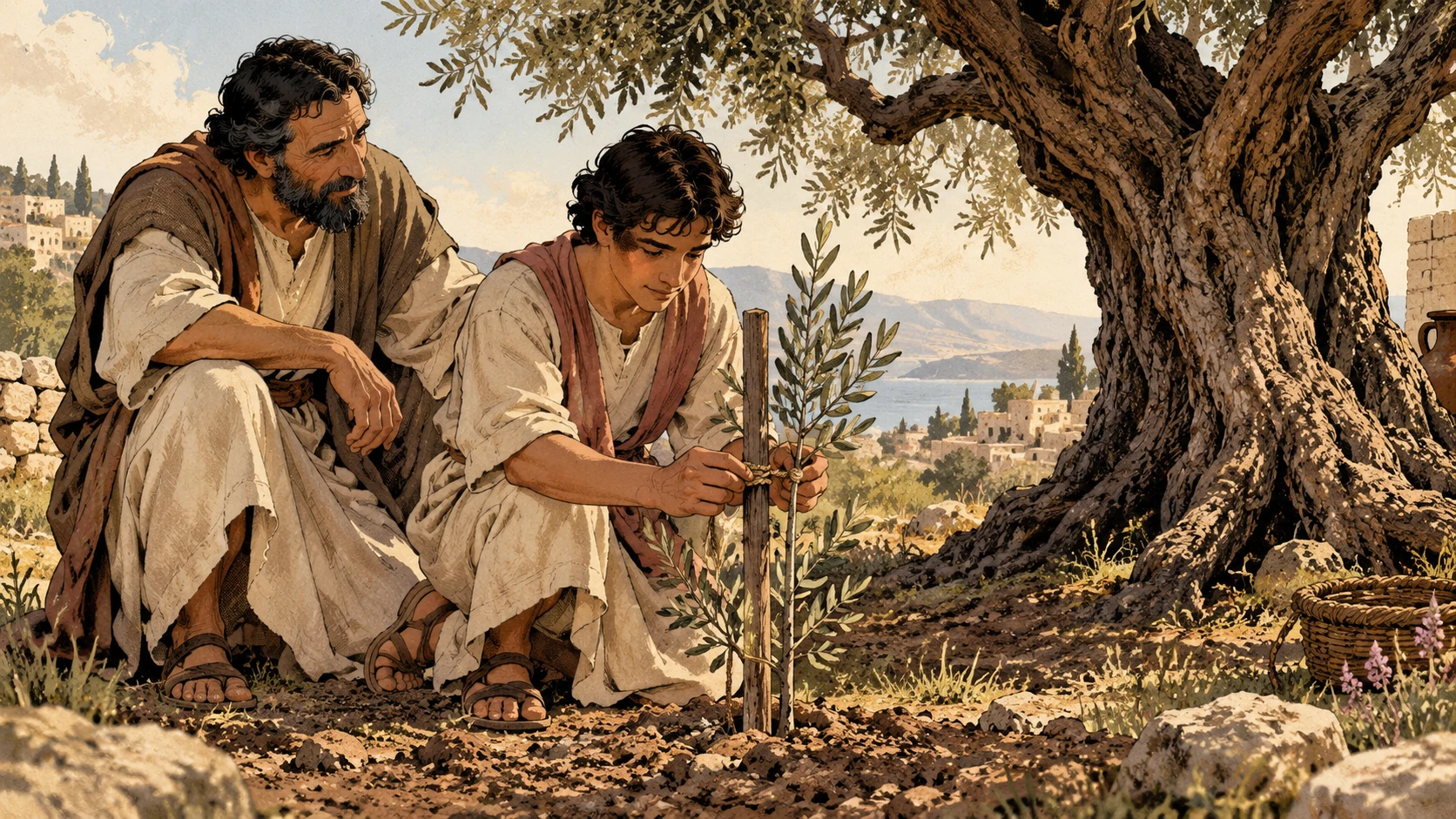 An anonymous older adult watches a younger person support a sapling beside a mature tree.