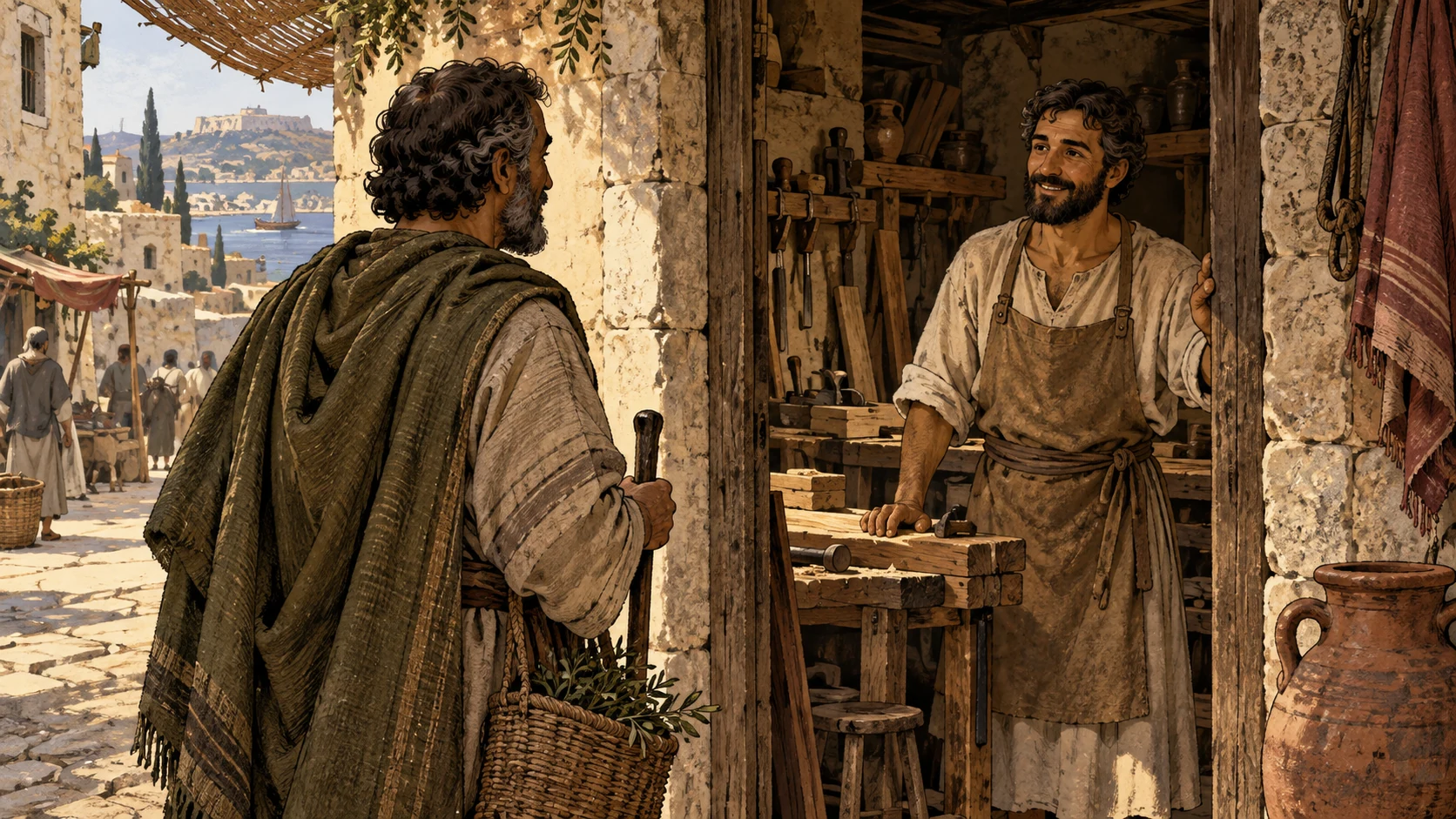 An anonymous traveler greets an artisan at a workshop doorway.