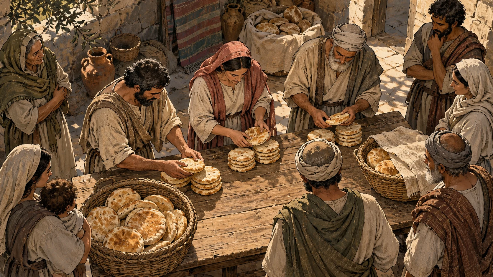 Anonymous community helpers portion bread while others observe.