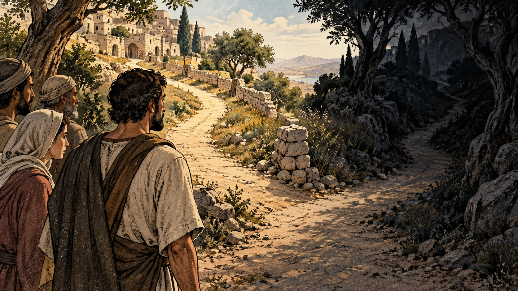 Anonymous travelers pause at a path dividing between sunlight and shadow.