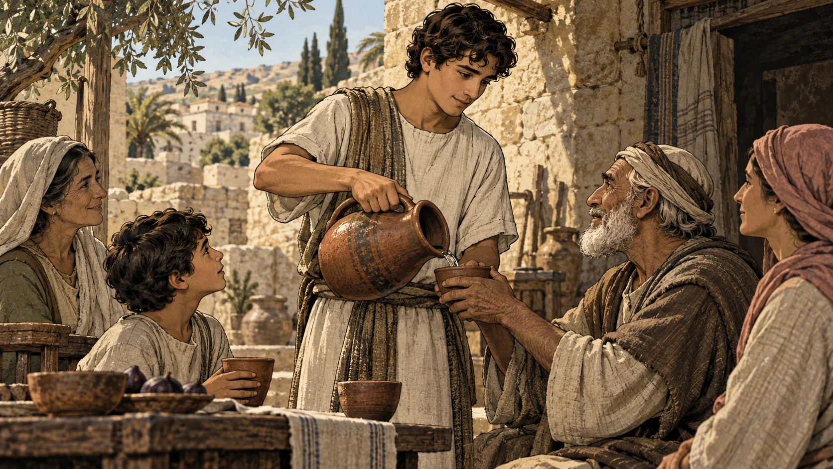 An anonymous young adult pours water for older and younger community members.