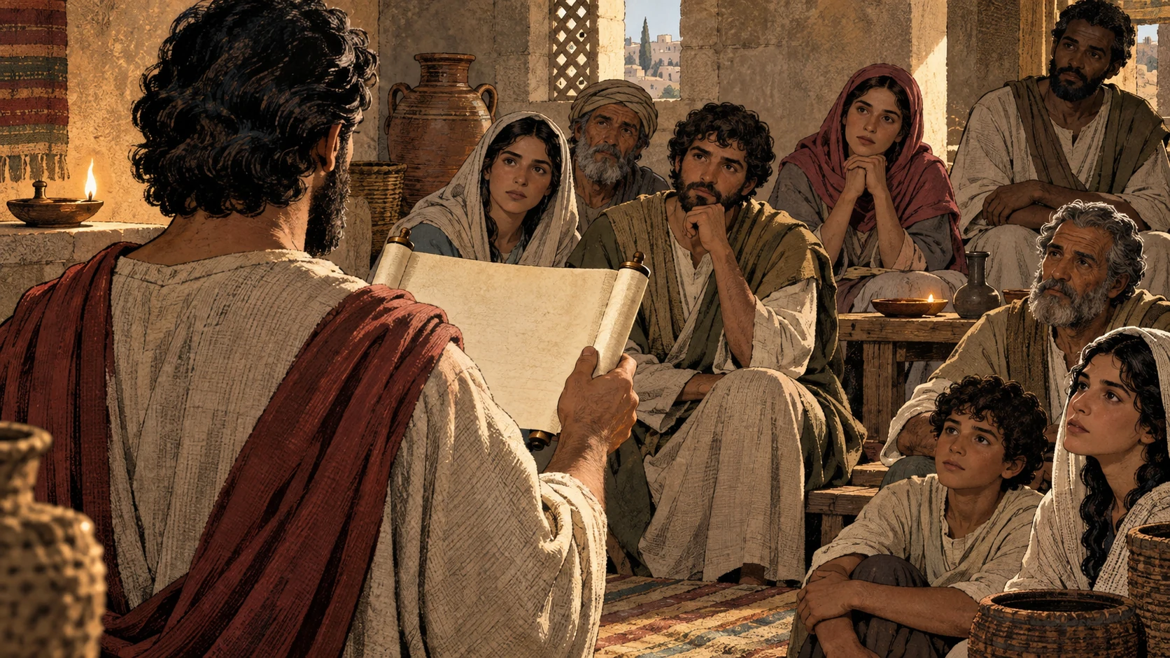 An anonymous reader holds a blank scroll before attentive listeners.