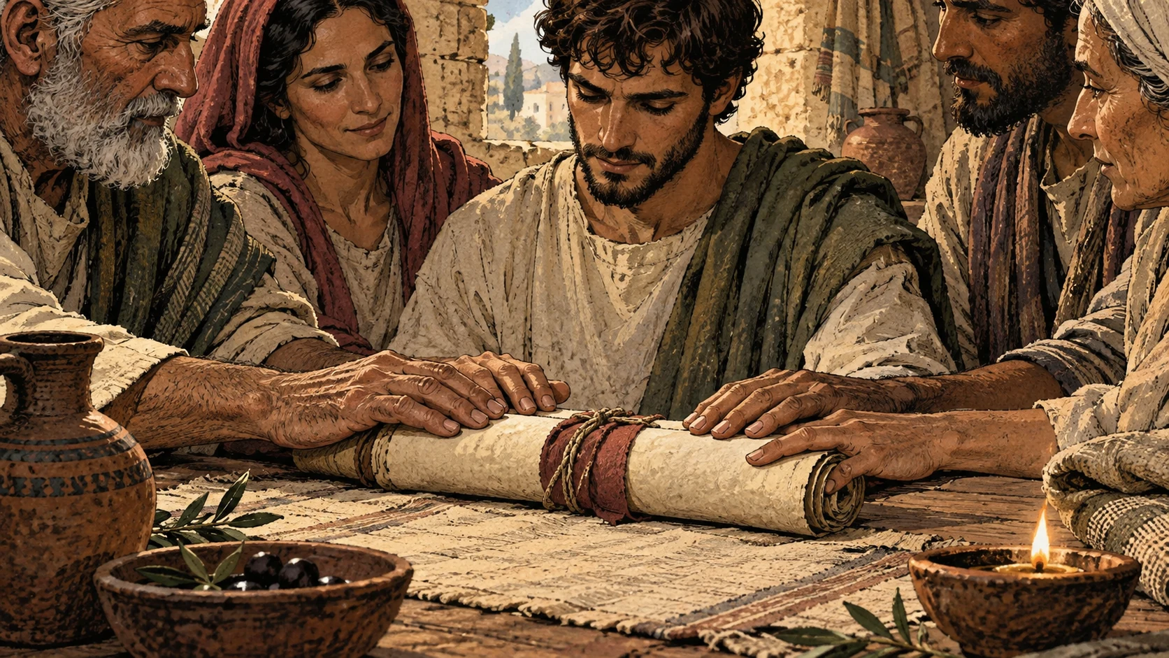 Several anonymous adults rest hands around a wrapped scroll.