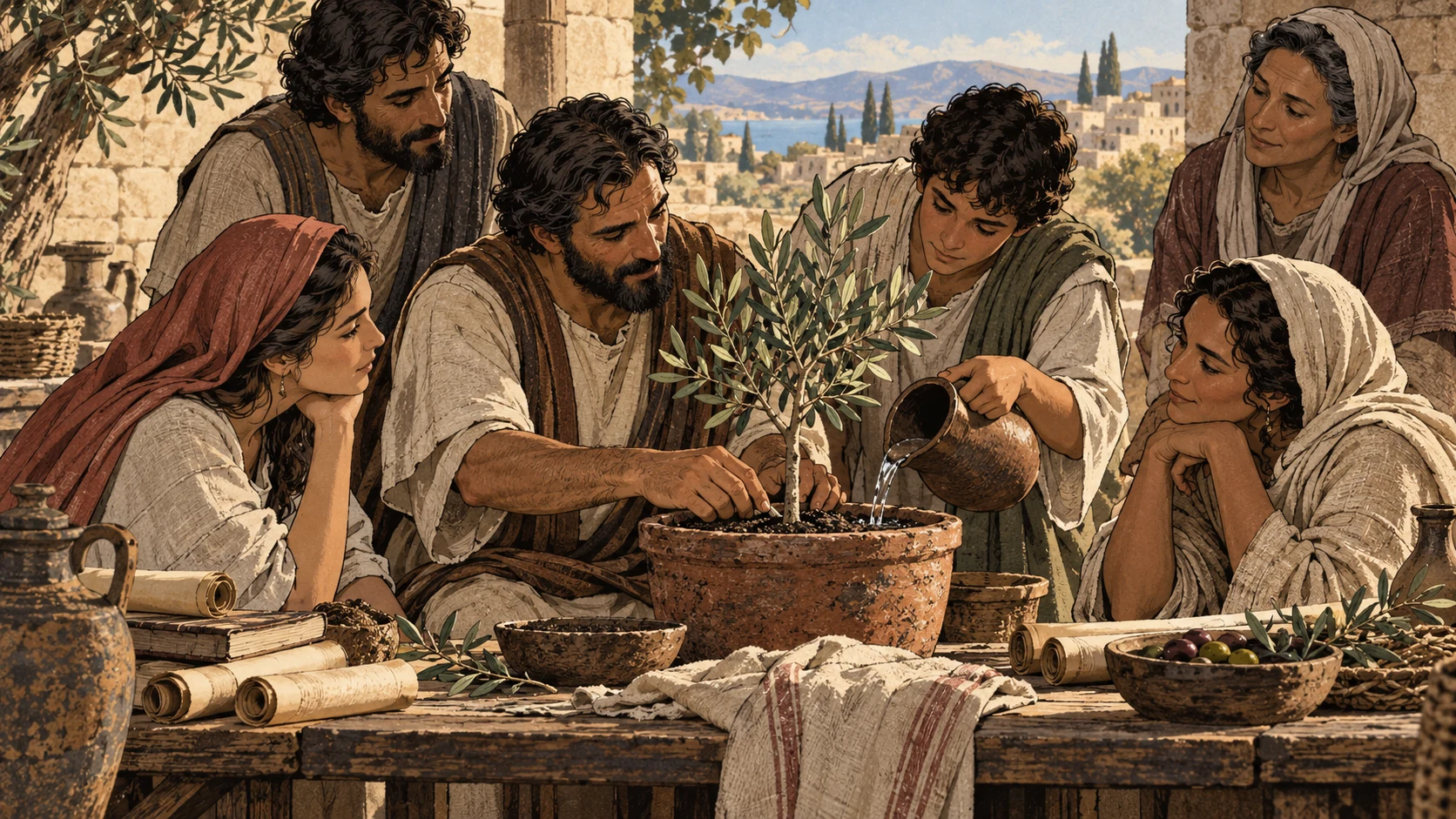 Anonymous adults tend a growing olive plant beside closed scrolls.