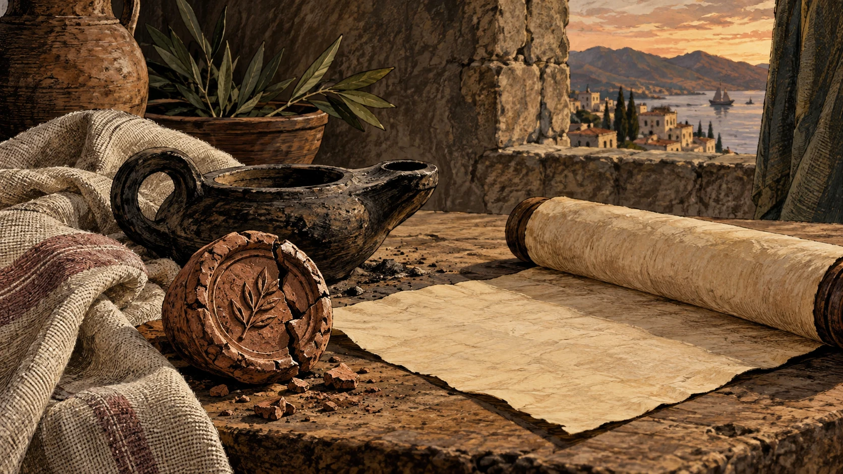 A damaged clay seal rests beside an extinguished lamp and blank scroll.