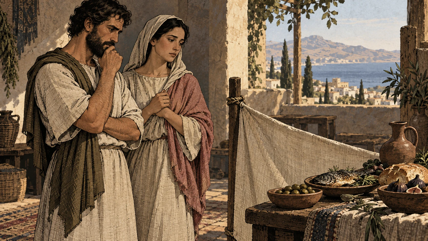 An anonymous adult pair stands beside a meal separated by a tied cloth barrier.