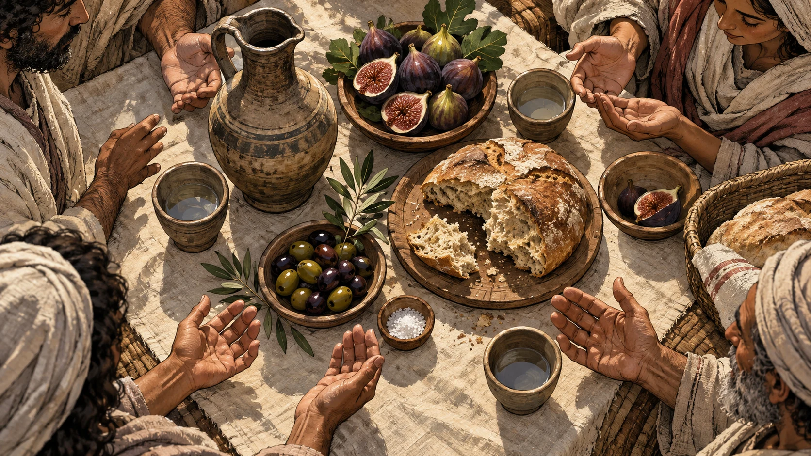 Open hands surround bread, figs, olives, water, and simple cups.