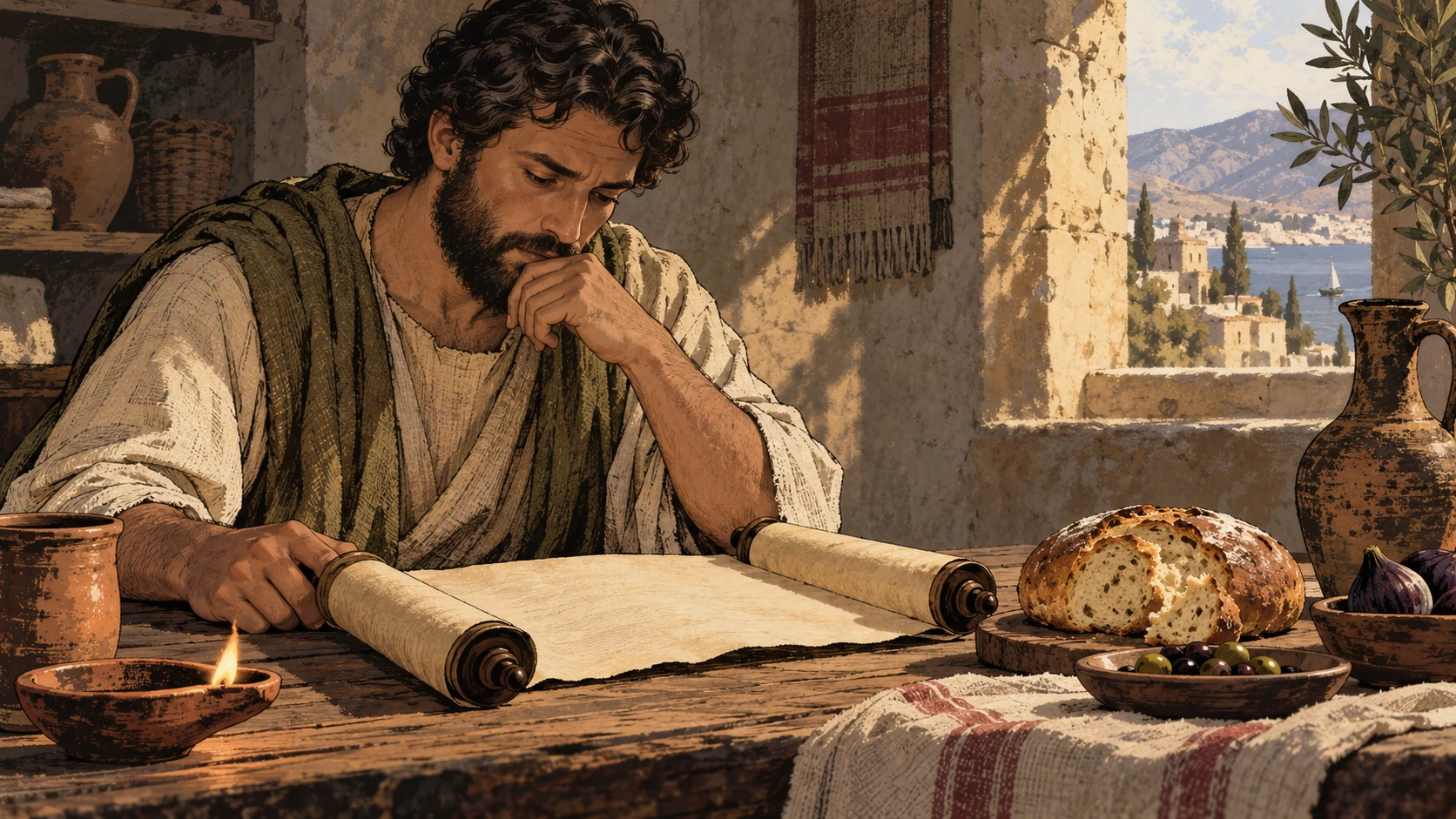 An anonymous adult studies a blank scroll beside bread and an oil lamp.
