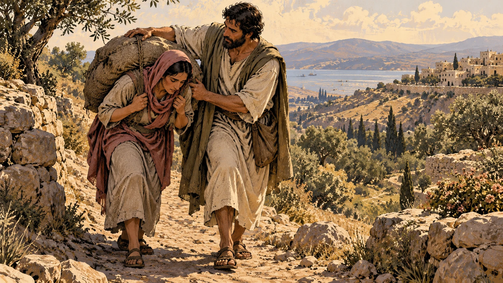 An anonymous adult helps another support a heavy burden on a hillside path.