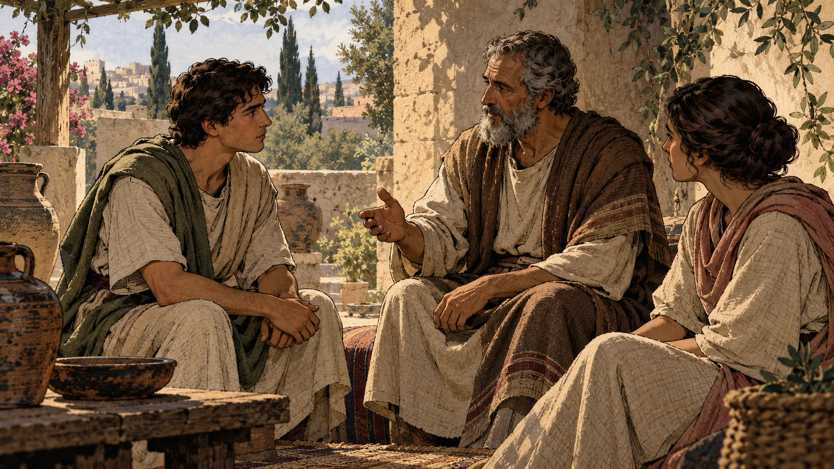 Anonymous younger adults sit in a respectful exchange with an older man.