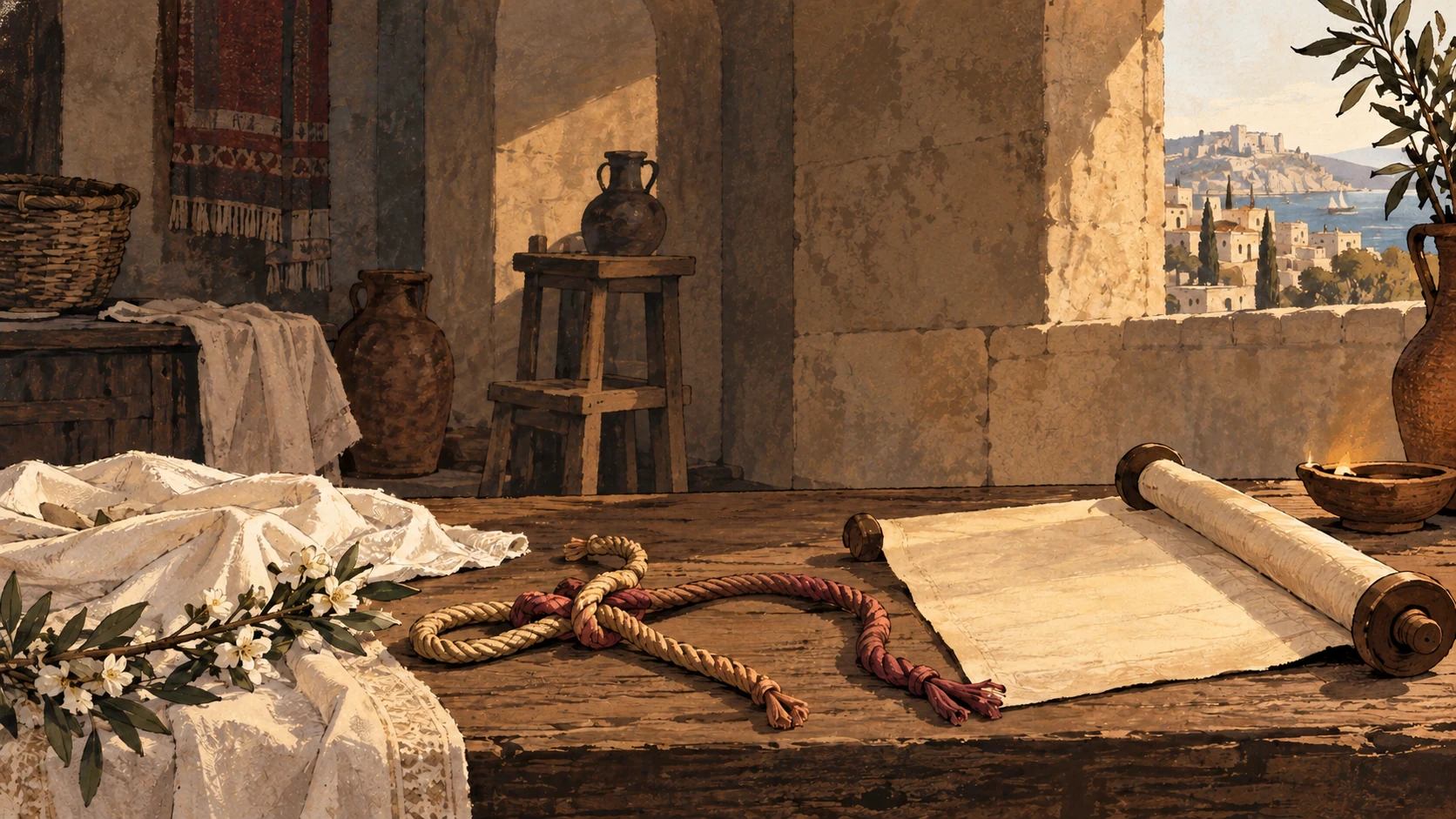 Joined cords, a wedding cloth, flowers, and a blank scroll rest on an empty table.