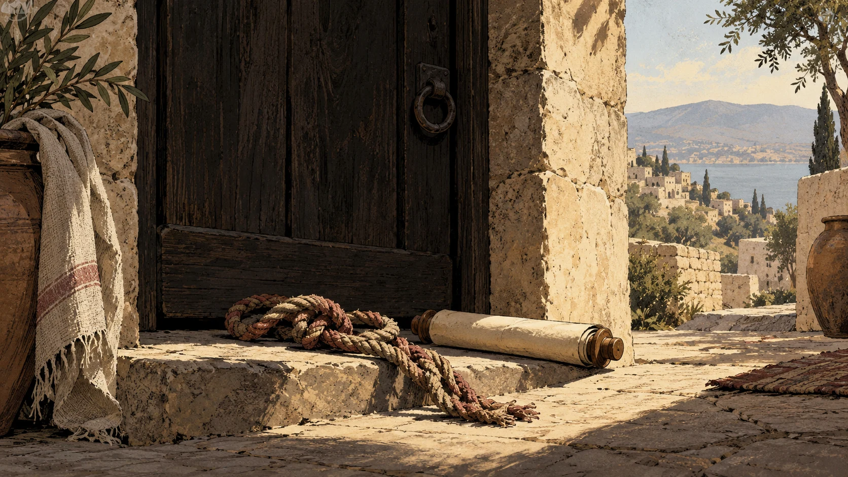 A knotted cord and closed scroll lie abandoned on a doorway threshold.