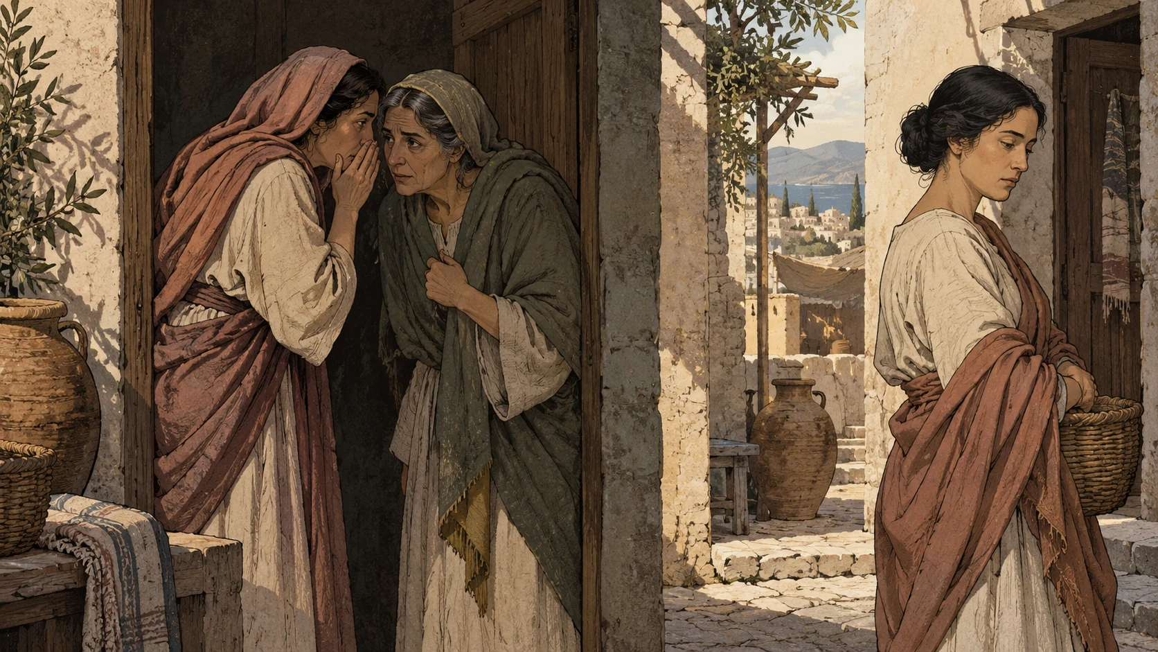 Anonymous adults whisper between doorways while another turns away.