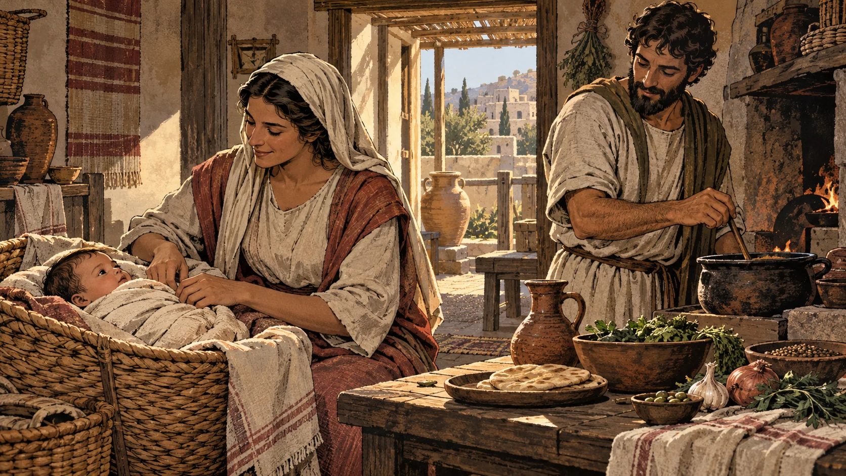 An anonymous mother tends an infant while another adult prepares food.