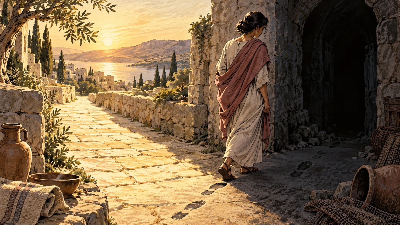 An anonymous figure turns from a sunlit path toward a dark opening.