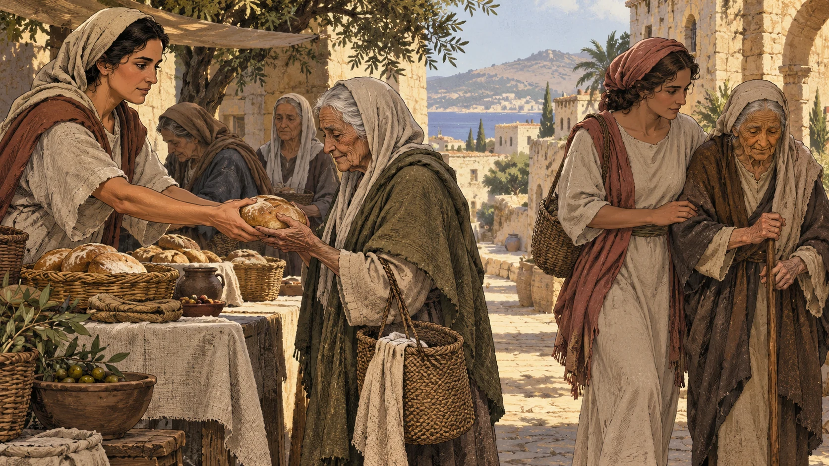 One older woman receives bread while another is supported by a household companion.