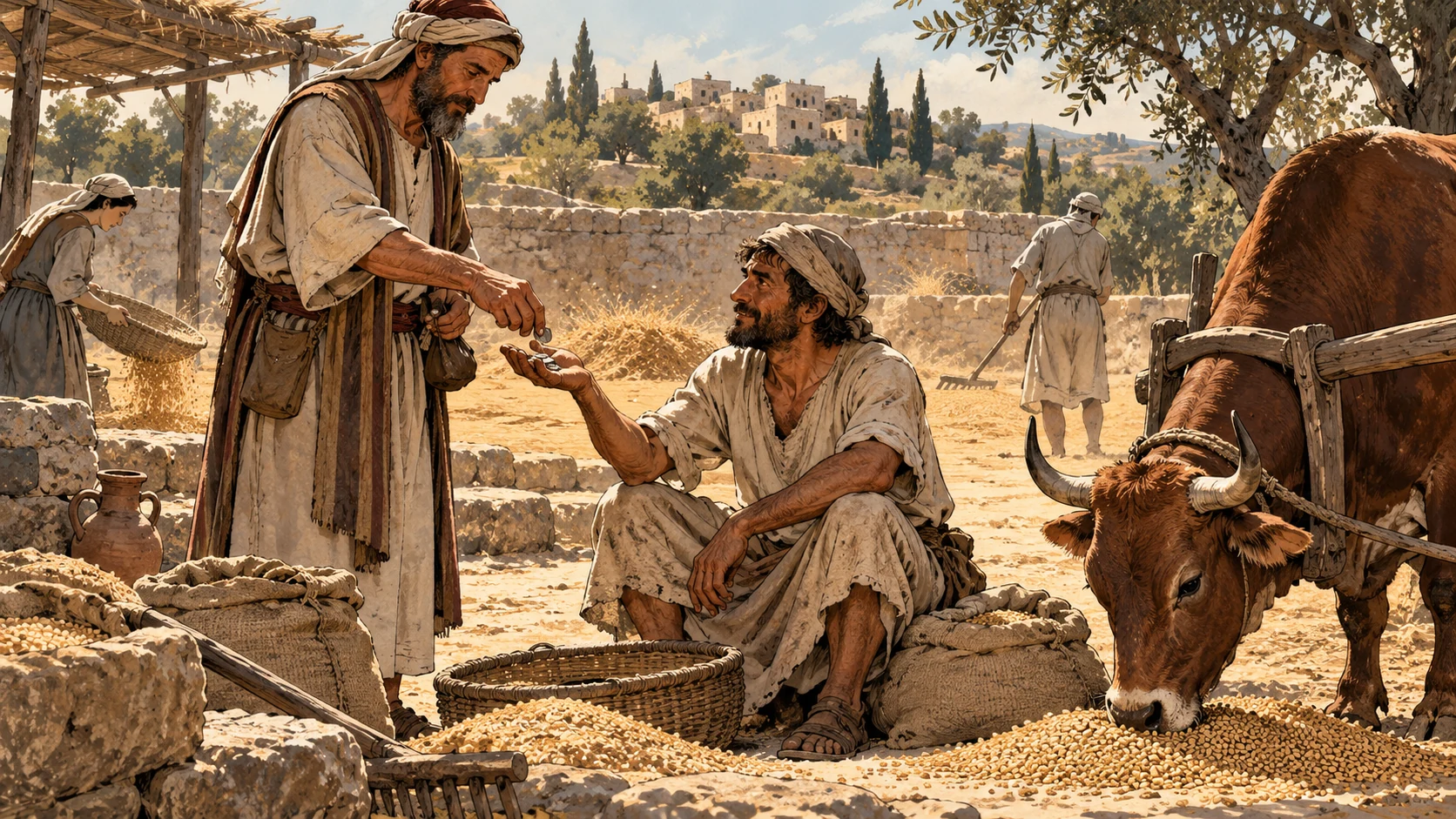 A worker receives a modest wage near an unmuzzled ox eating grain.