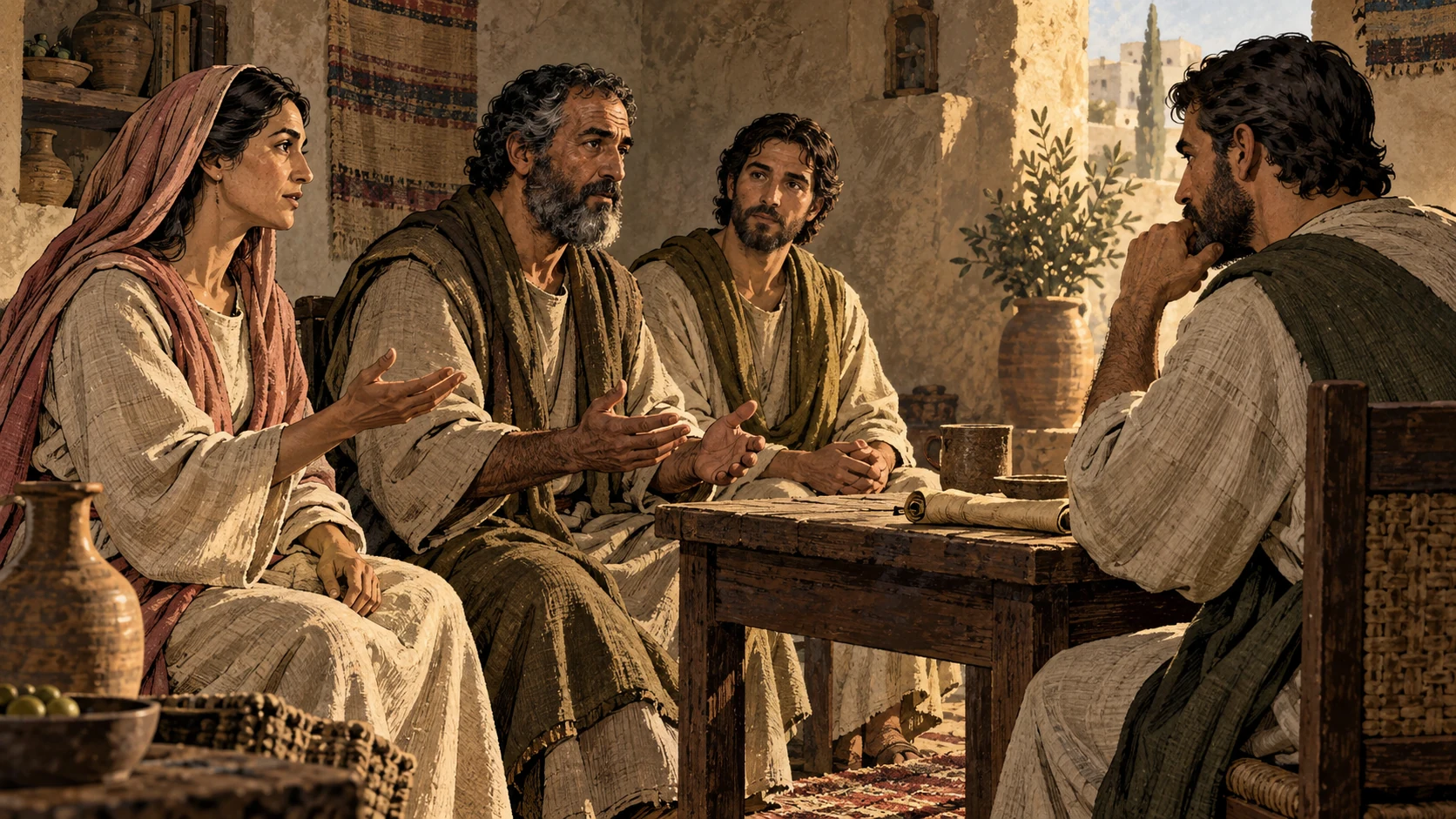 Three anonymous adults speak before a listening adult at a low table.