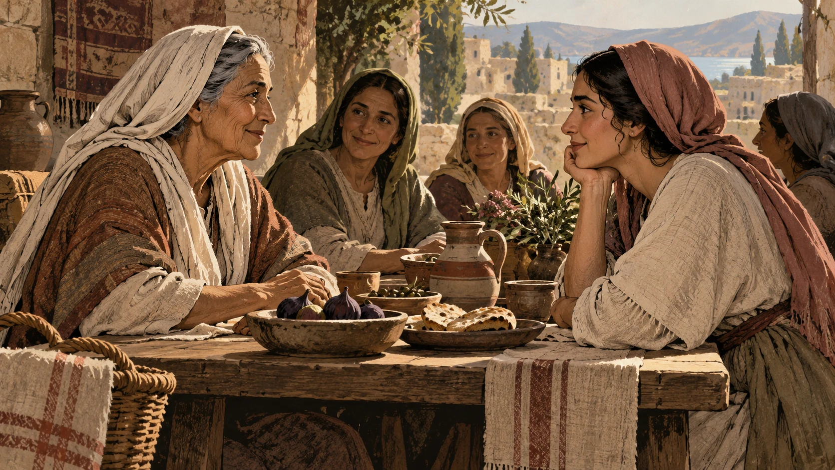 Older and younger anonymous women share attentive conversation at a table.