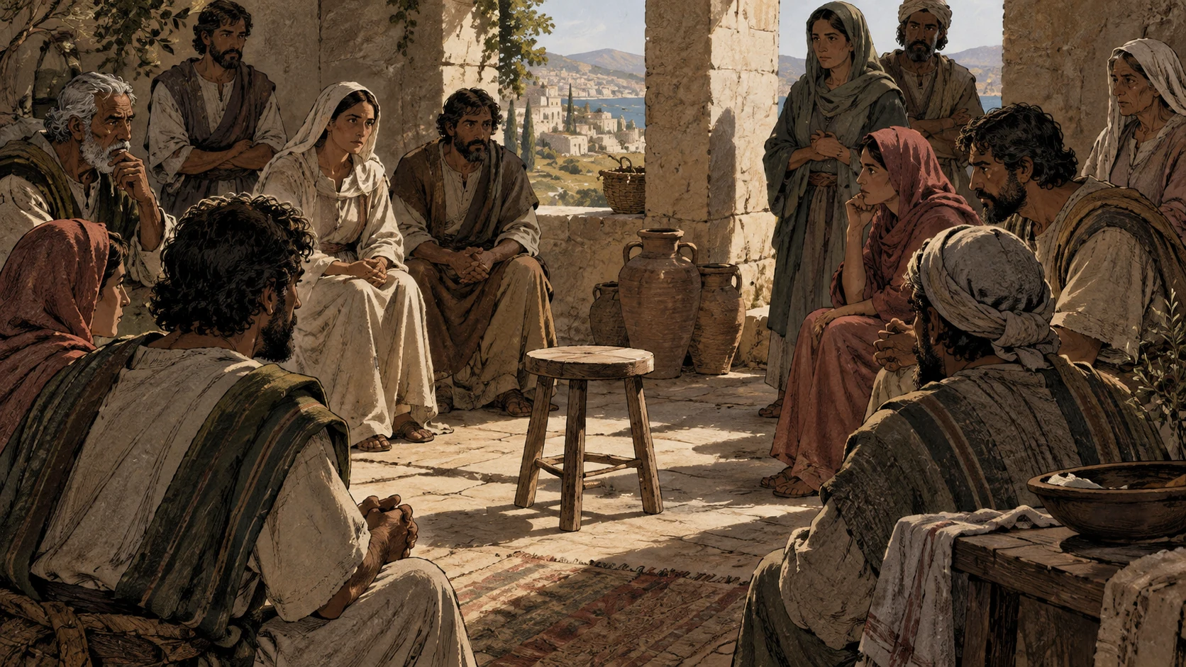 An anonymous community gathers around an empty central stool.