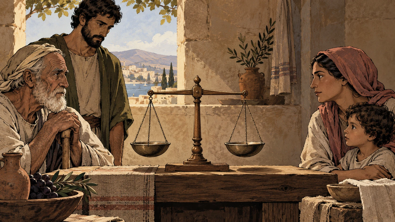 A balanced scale stands between anonymous adults at a table.