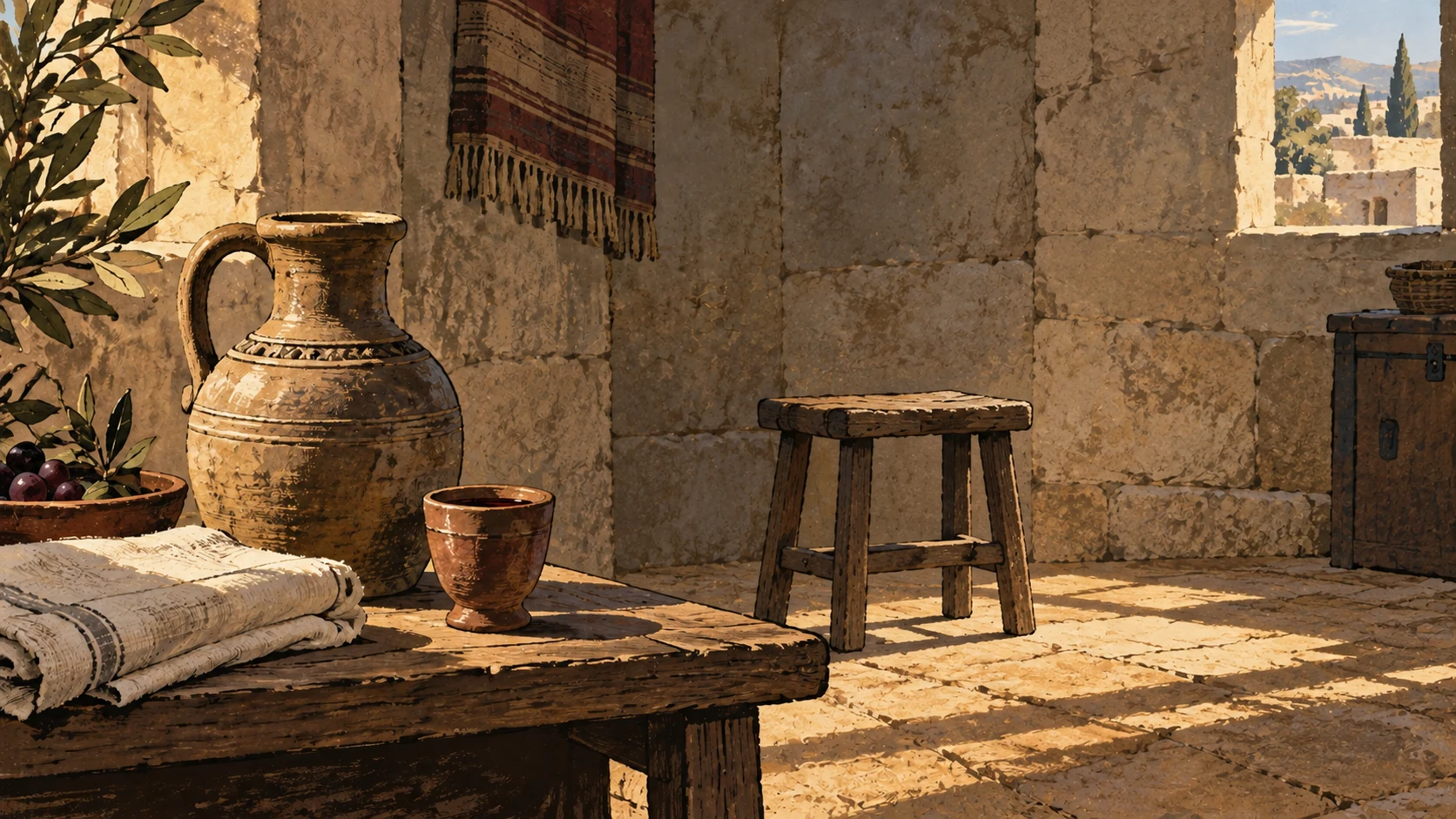 A little wine in a clay cup rests beside a water jug and folded linen in an empty room.